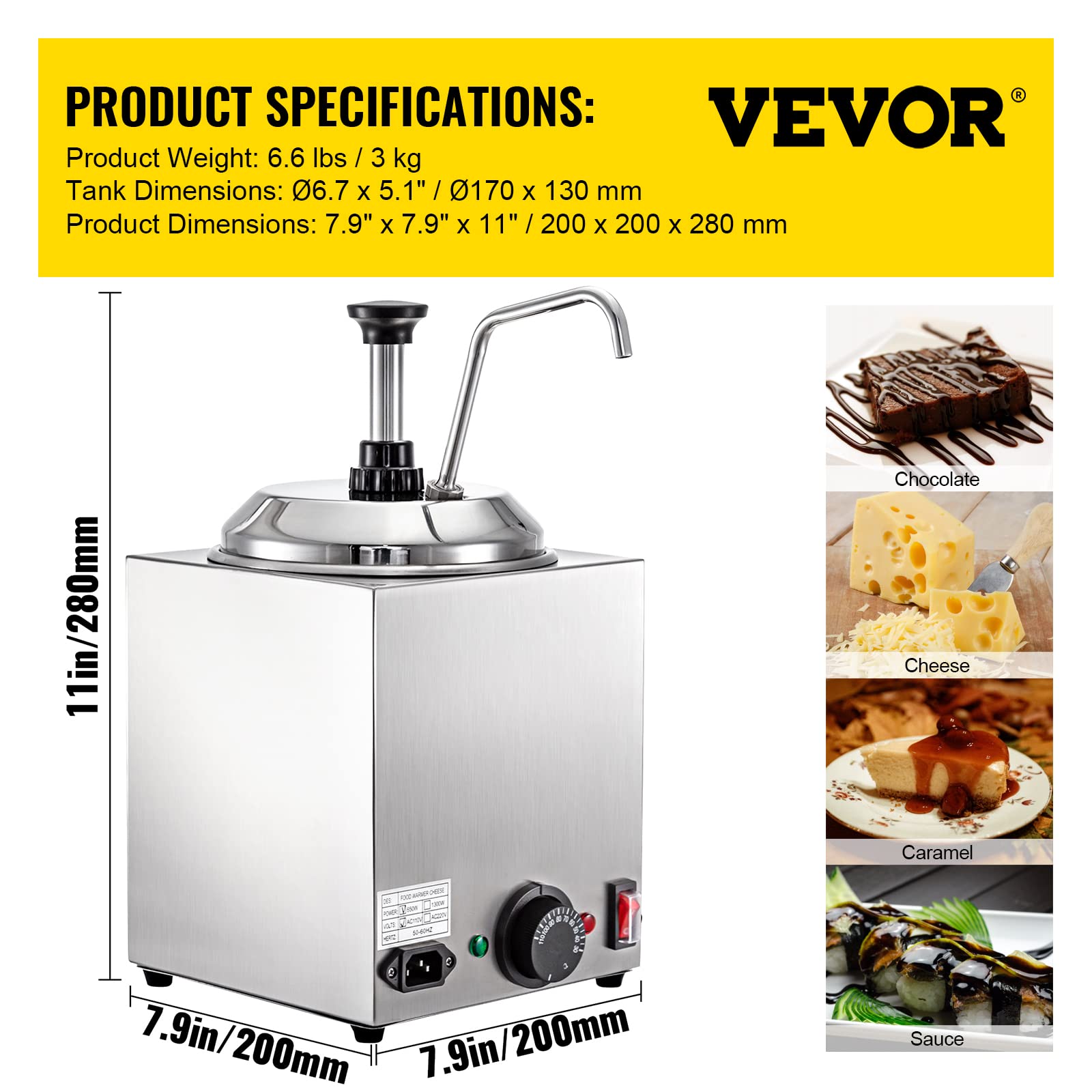 VBENLEM 2.6Qt Commercial Cheese Warmer with Pump - 650W Stainless Steel Nacho Cheese Dispenser for Hot Fudge, Caramel & Chocolate - Perfect for Restaurants, Cinemas & Party Snack Stations