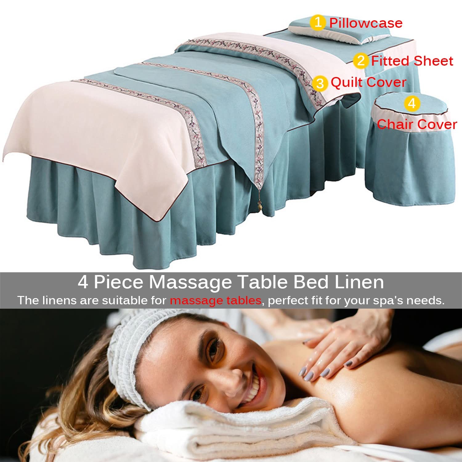 Professional Beauty Salon Spa Massage Table Sheet Set - 4 Piece Bedding Kit with Facial Hole, Bed Skirt & Stool Cover - 70x185cm Round Head Pink Linen - Perfect for Facial Treatments, Massage Therapy & Spa Services
