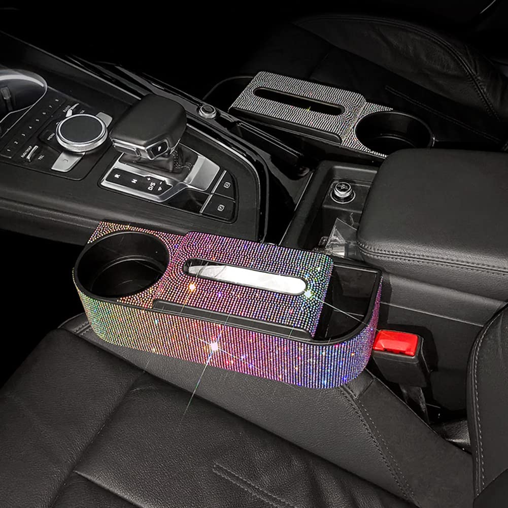 3-in-1 Multifunctional Car Seat Gap Organizer with Rhinestone Decor & Cup Holder - Black Car Storage Accessory for Tissues, Phones & Small Items | Perfect for Sedans, SUVs & Road Trips