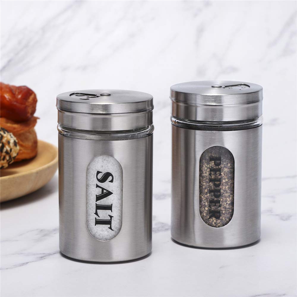 Premium Stainless Steel & Glass Salt and Pepper Shakers Set - Elegant Silver Kitchen Condiment Dispensers for Dining Table, Restaurant, and Home Use