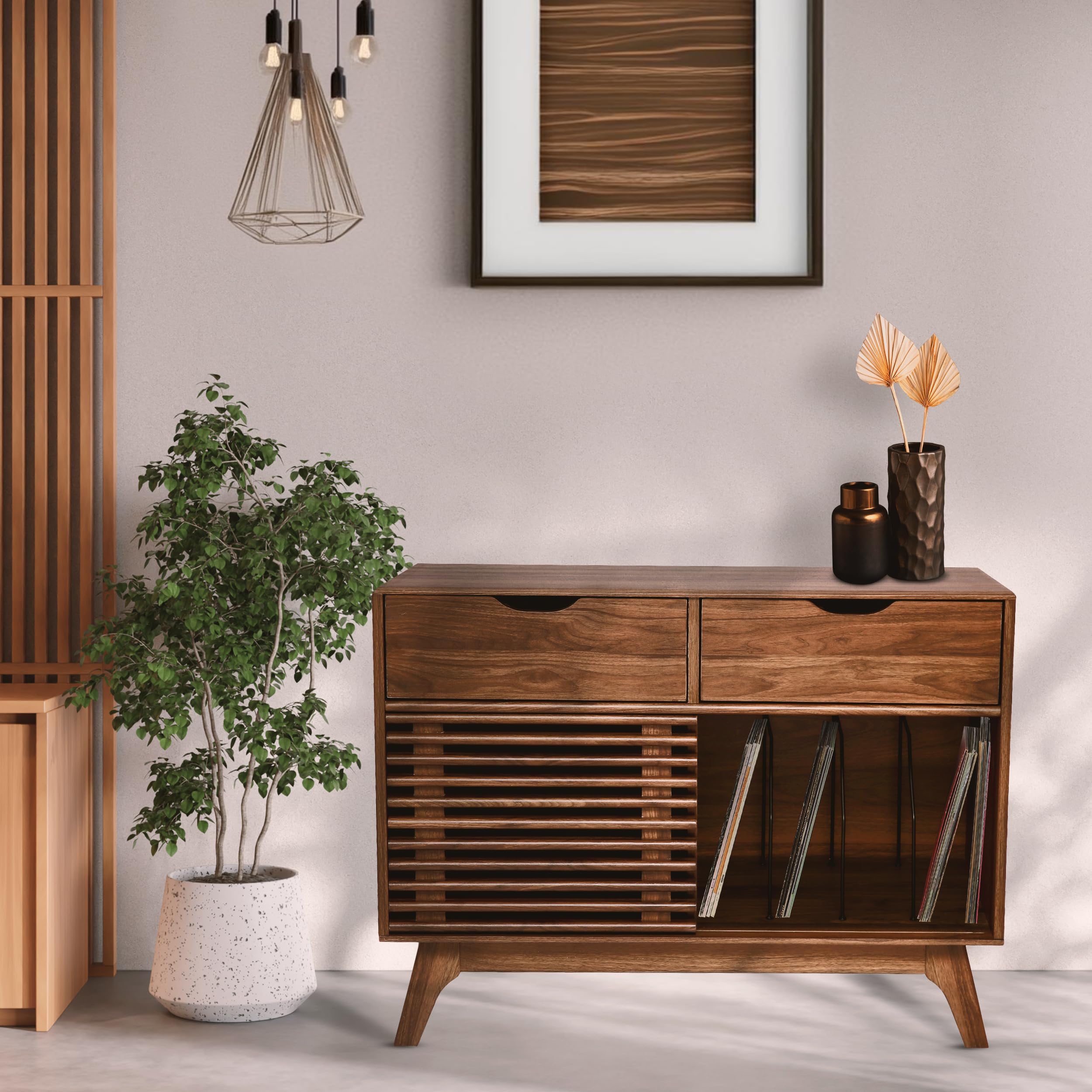 Houseables Mid Century Modern Record Player Cabinet - Vinyl Record Storage & Console Table for Living Room, Home Theater & Music Room Decor