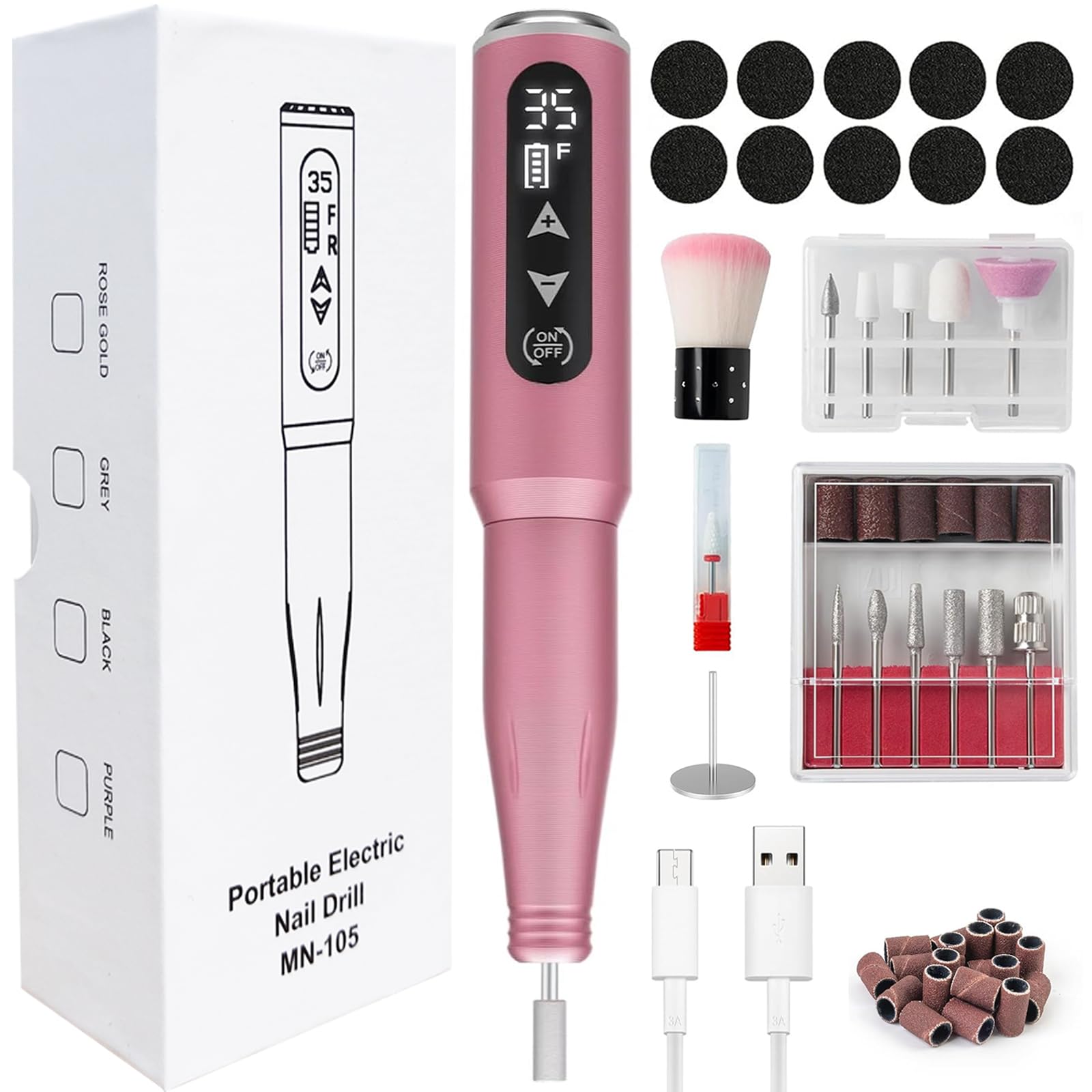 Professional Electric Nail Drill Kit - Rechargeable Cordless Manicure Pedicure Tool with Nail Drill Bits & Sanding Bands for Acrylic, Gel, Dip Powder Nails - Perfect for Home Salon, Nail Art & Foot Care