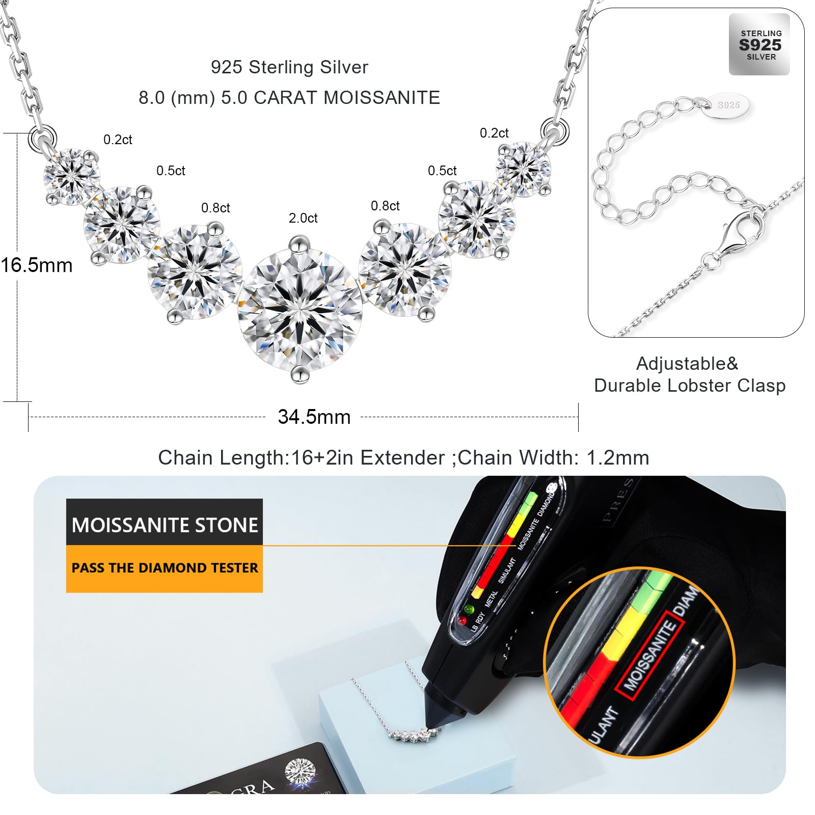 1.7CT/2.8CT/5CT Lab Created Moissanite Pendant Necklace for Women - VVS1 Clarity D Color, S925 Sterling Silver Chain 14K White Gold Plated - Anniversary, Birthday, Valentine's Day & Christmas Gift for Wife, Mom, Daughter | Perfect for Weddings, Date Nights & Special Occasions