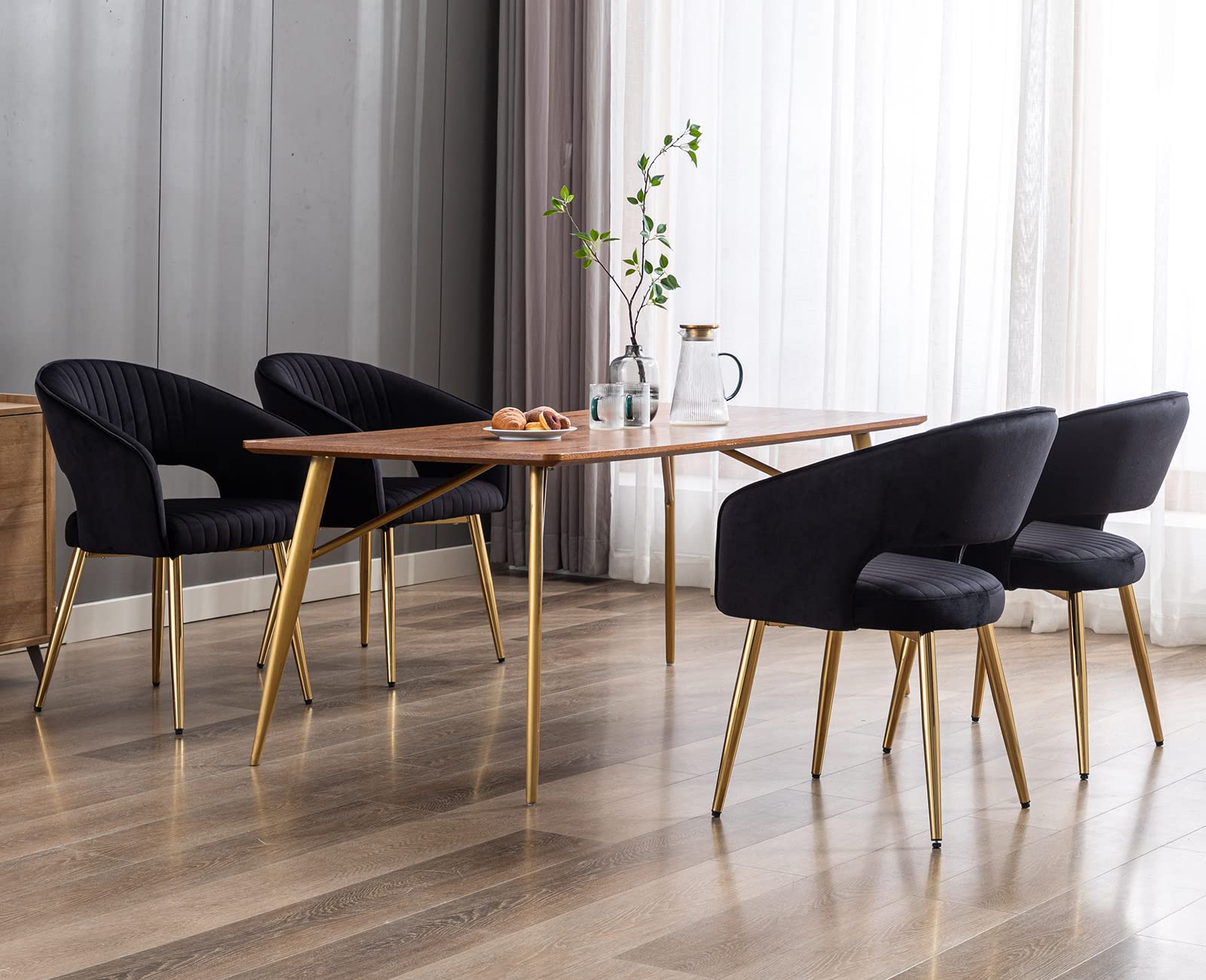 Guyou Black and Gold Velvet Dining Chairs Set of 4 - Modern Upholstered Accent Chairs with Hollow Back & Tufted Design - Elegant Armchairs for Living Room, Dining Room or Kitchen (4-Pack) - Perfect for Dinner Parties, Home Decor & Guest Seating
