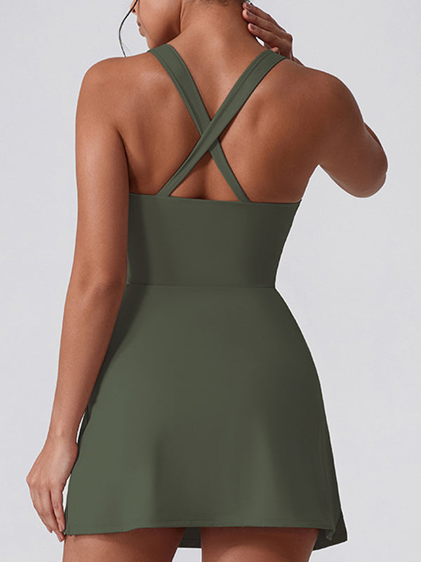 ZASUWA Women's U Neck Cross Back Zipper Quick Dry Dress - Perfect for Workout, Yoga, and Summer Outdoor Activities