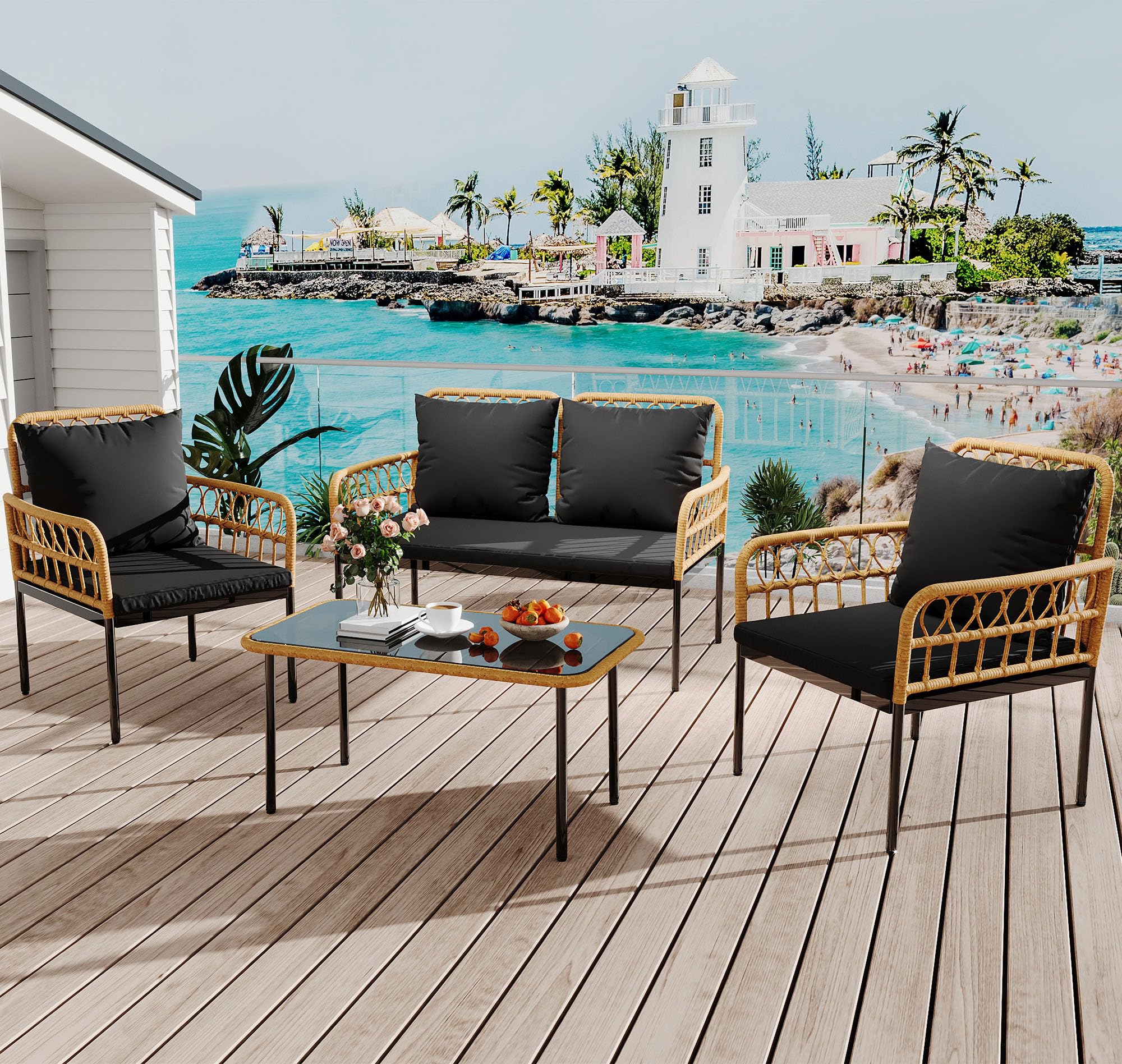 GARVEE 4-Piece Outdoor Wicker Patio Bistro Set - All-Weather Rattan Furniture with Glass Top Coffee Table, Loveseat & 2 Armchairs (Included Cushions) - Black Boho Balcony Set for Backyard, Garden, Poolside & Patio Decor