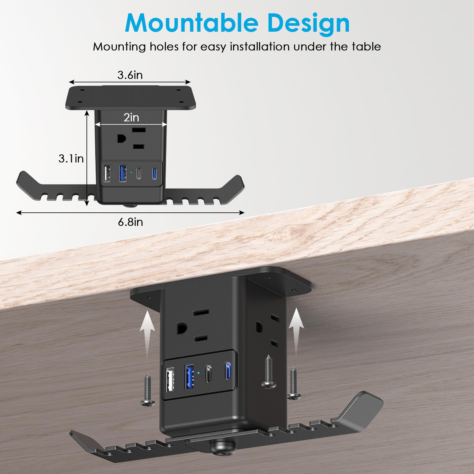 JUNNUJ Under Desk Headset Stand with 20W USB C Charger & 3 Outlet Power Strip - Headphone Hook, Surge Protector, PC Game Hanger Holder & Cable Organizer (6FT) - Perfect for Gaming Setup, Home Office & Workspace Organization