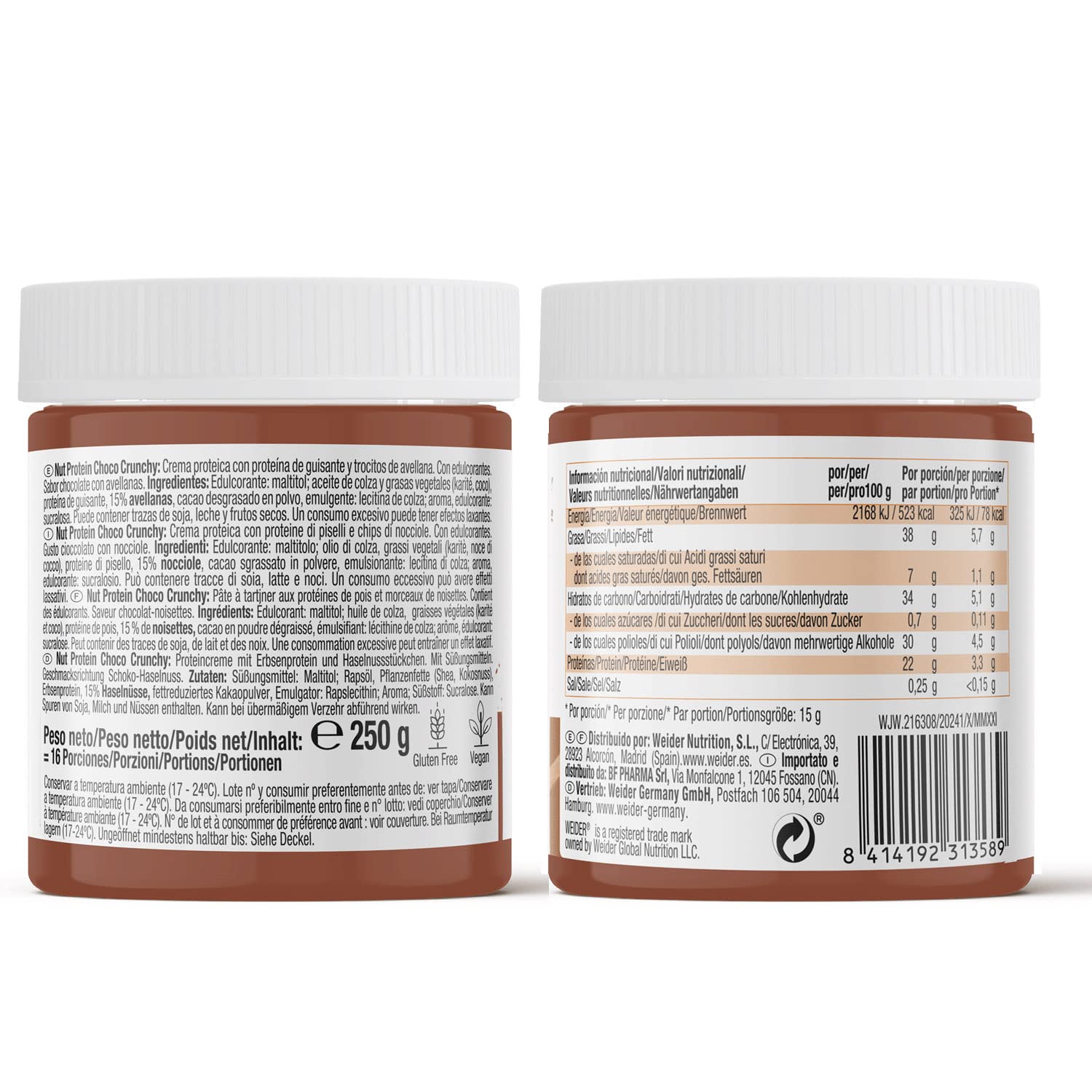 Weider Protein Spreads Nut Protein Choco Crunchy 250g - High Protein Peanut Butter for Fitness, Bodybuilding & Healthy Snacks - Perfect for Toast, Smoothies & Post-Workout Recovery