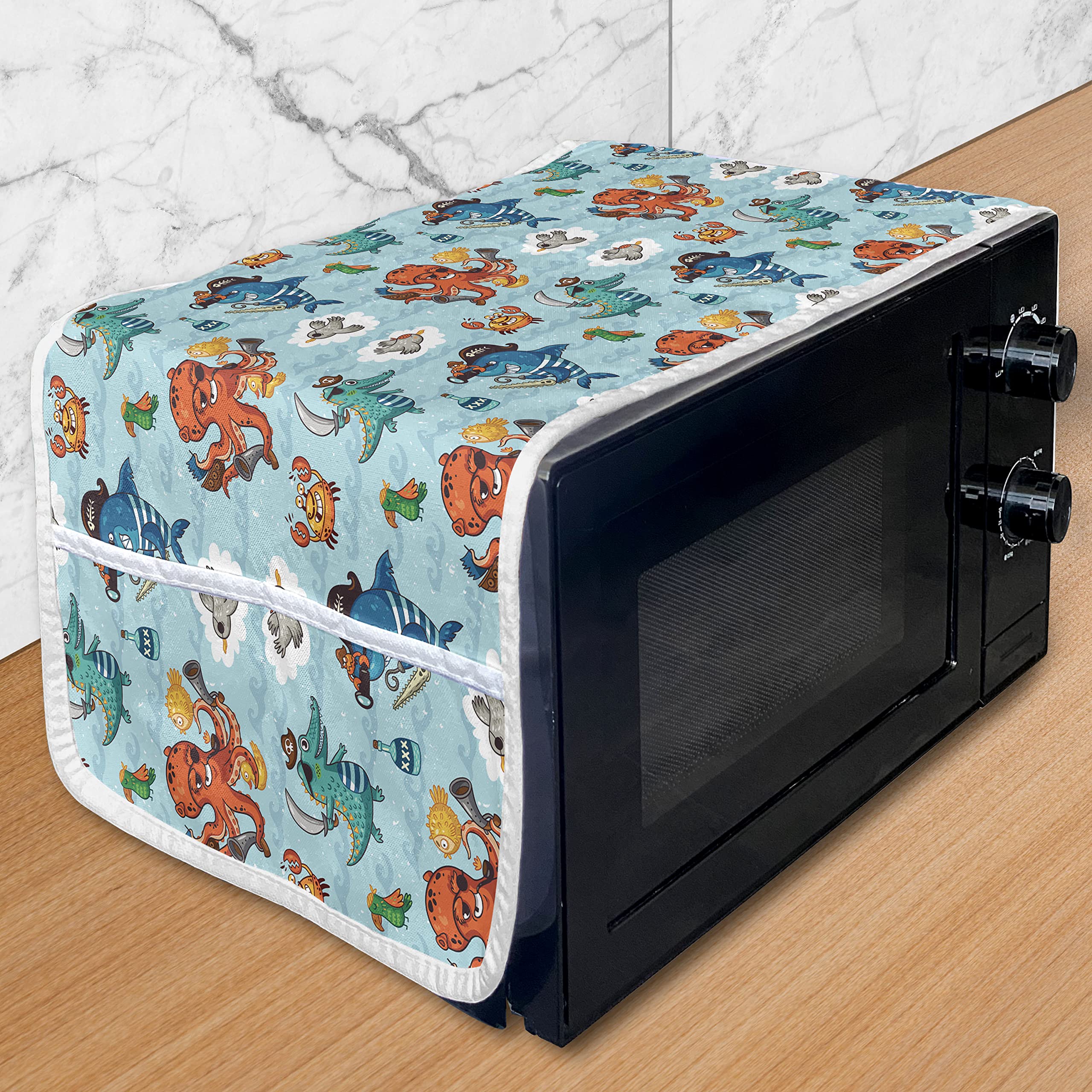 Ambesonne Pirates Microwave Oven Cover - Waterproof Kitchen Organizer with Pockets, Cartoon Style Design (36