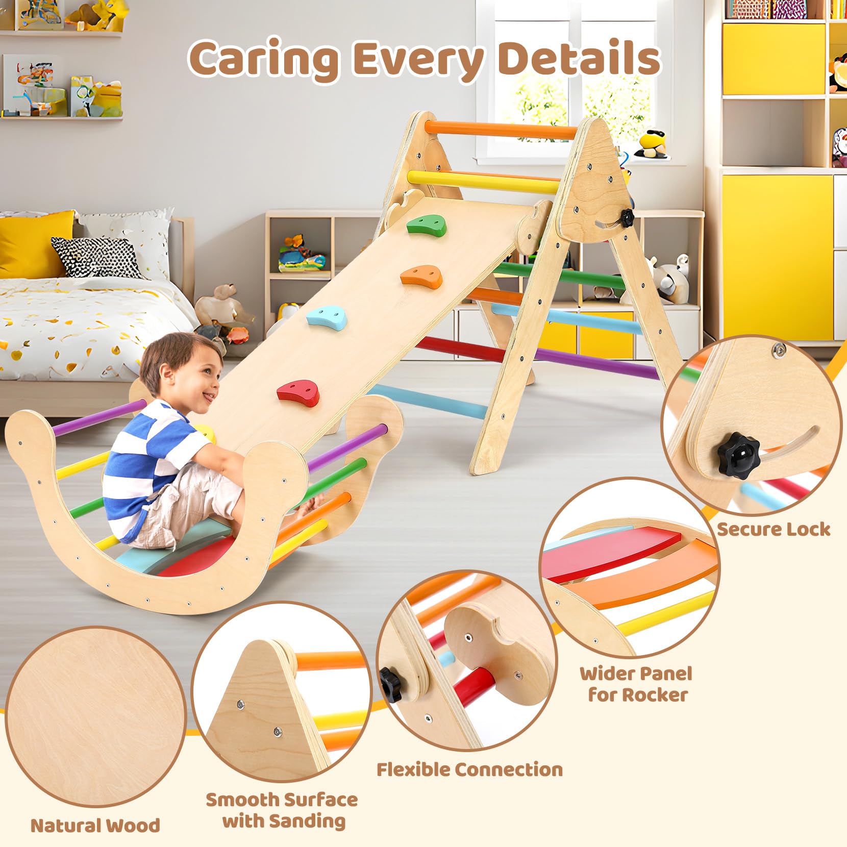 YOLEO 7-in-1 Foldable Pikler Triangle Set - Large Montessori Wooden Climbing Toys for Toddlers Ages 1-3 | Indoor Playground & Jungle Gym Playset with Rainbow Arch | Perfect for Home Playrooms, Daycares & Montessori Classrooms