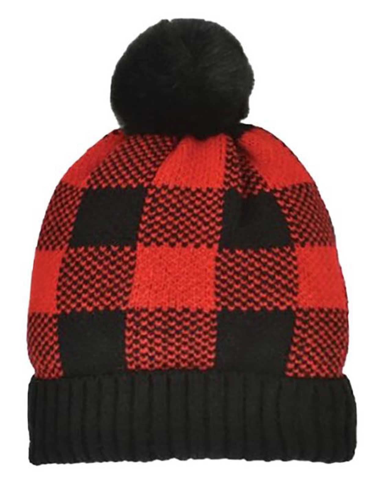 Women's Red Buffalo Plaid Pom Knit Winter Beanie Hat - Warm Fleece Lined Skull Cap for Cold Weather - Perfect for Skiing, Snowboarding & Outdoor Winter Activities