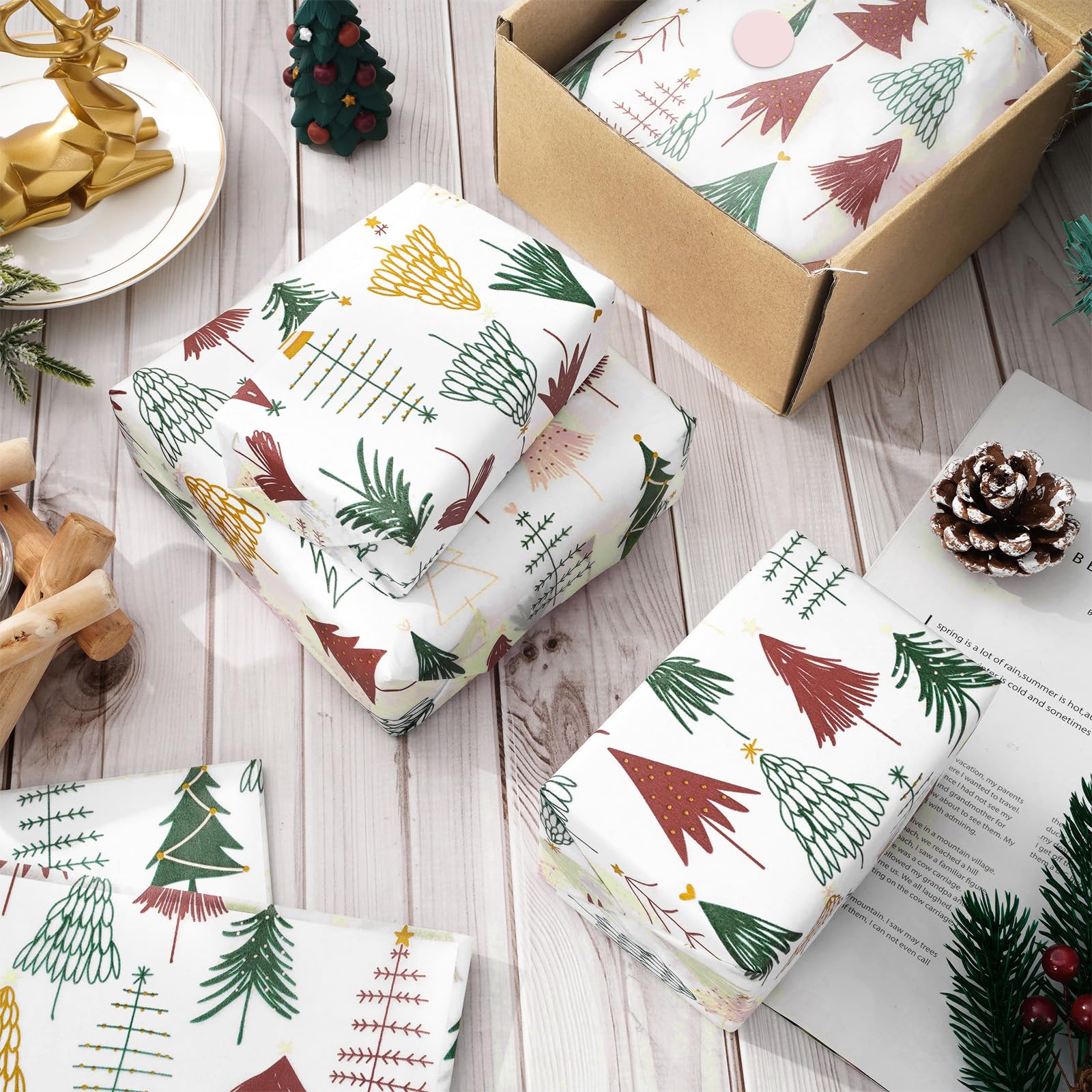 Whaline 100 Sheets Christmas Tissue Paper - Boho Forest Design with Pink Trees for Gift Wrapping, DIY Crafts, Home Decor | Perfect for Holiday Gifts, Party Favors & Winter Season Decorations