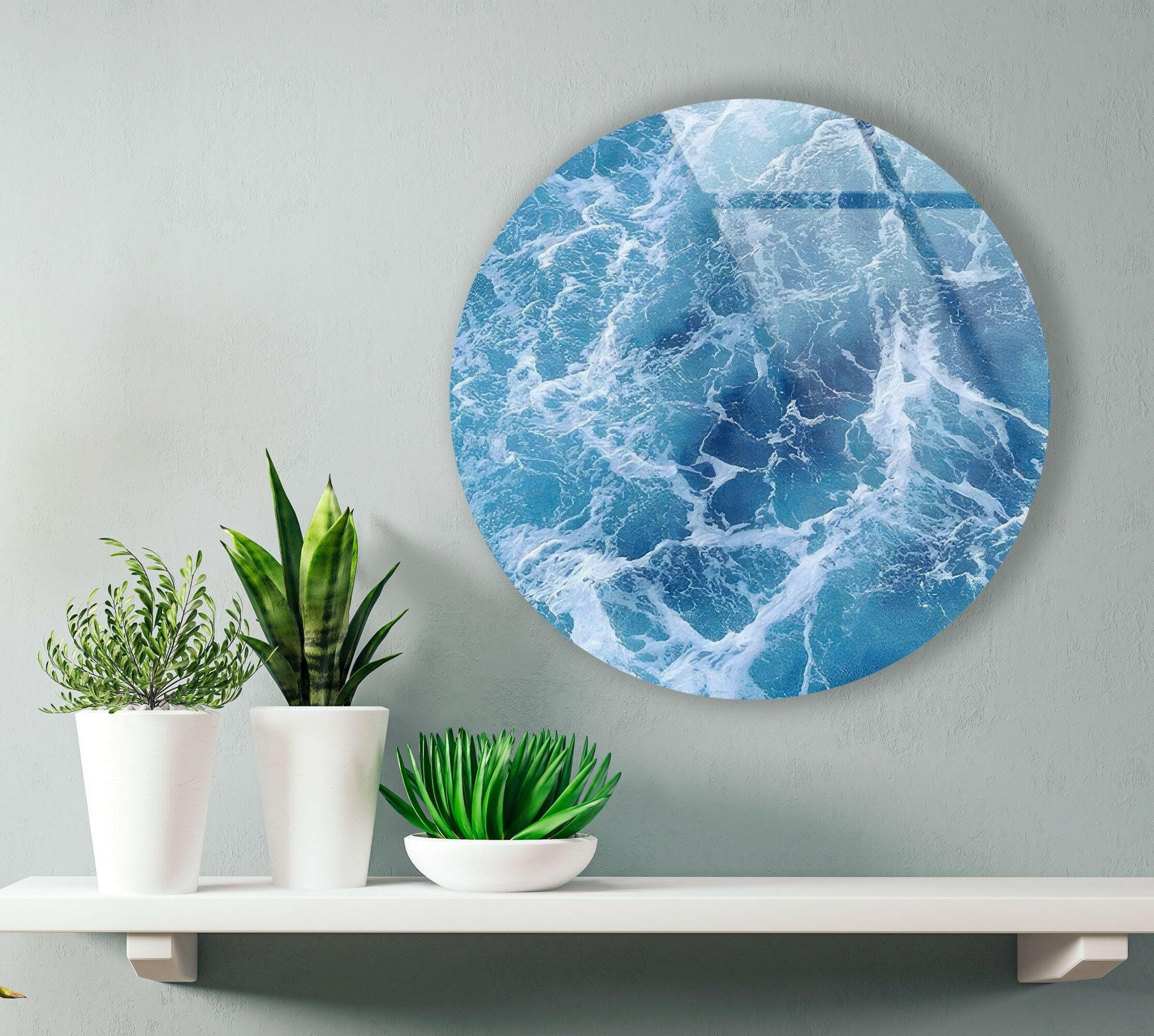 Blue Ocean Waves Round Glass Wall Art - Coastal Decor for Living Room, Bedroom & Office - Handmade Seascape Mural for Home & Office Decor