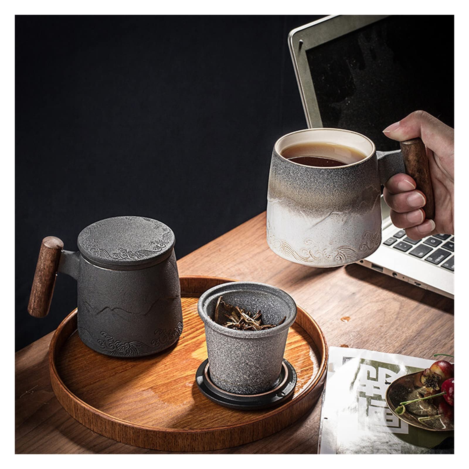 Premium 310ml Ceramic Tea Mug with Infuser & Lid - Elegant Black & Blue Tea Cup Set - Perfect Gift for Tea Lovers - Ideal for Home, Office & Relaxation