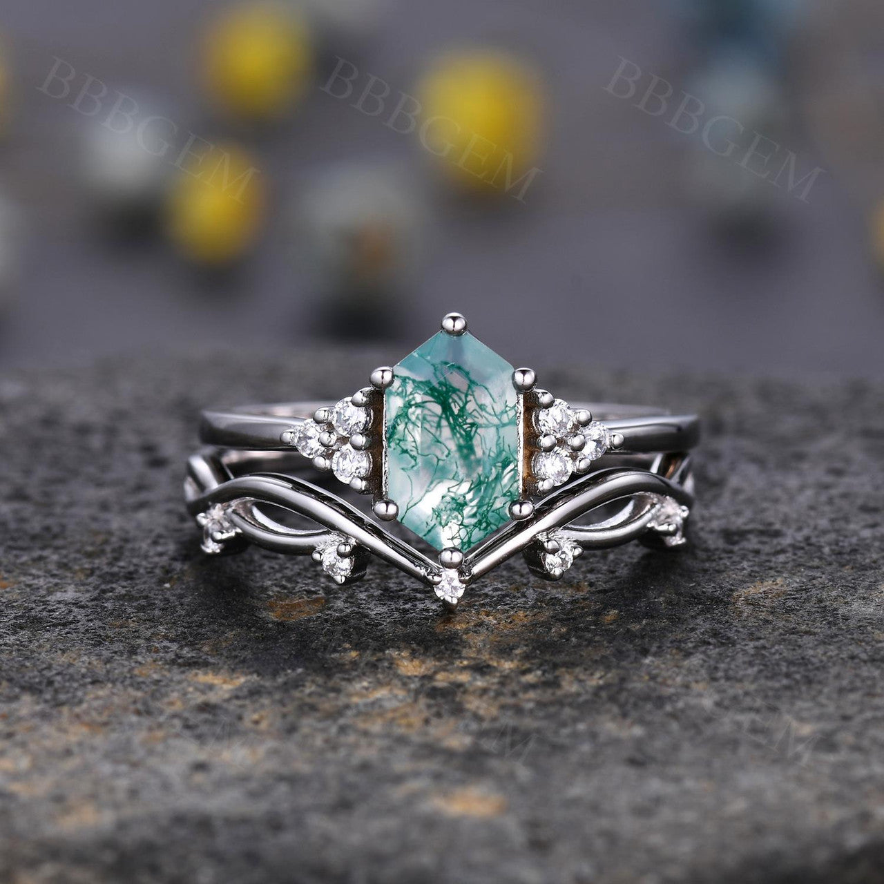 Vintage Moss Agate Hexagon Cut Branch Leaf Vine Art Deco Promise Ring Set for Women - Nature Inspired Jewelry for Engagement, Wedding, Anniversary & Everyday Boho Fashion