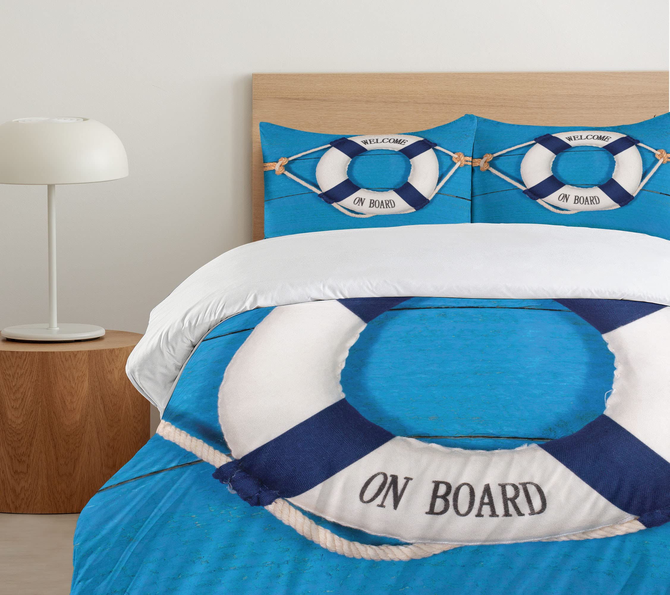 Ambesonne Coastal Duvet Cover Set - Nautical Welcome on Board Design on Painted Wood Wall - 3 Piece Bedding Set with 2 Pillow Shams - California King Size - Navy Blue & White Ocean Theme - Perfect for Beach House, Guest Room or Nautical Nursery Decor