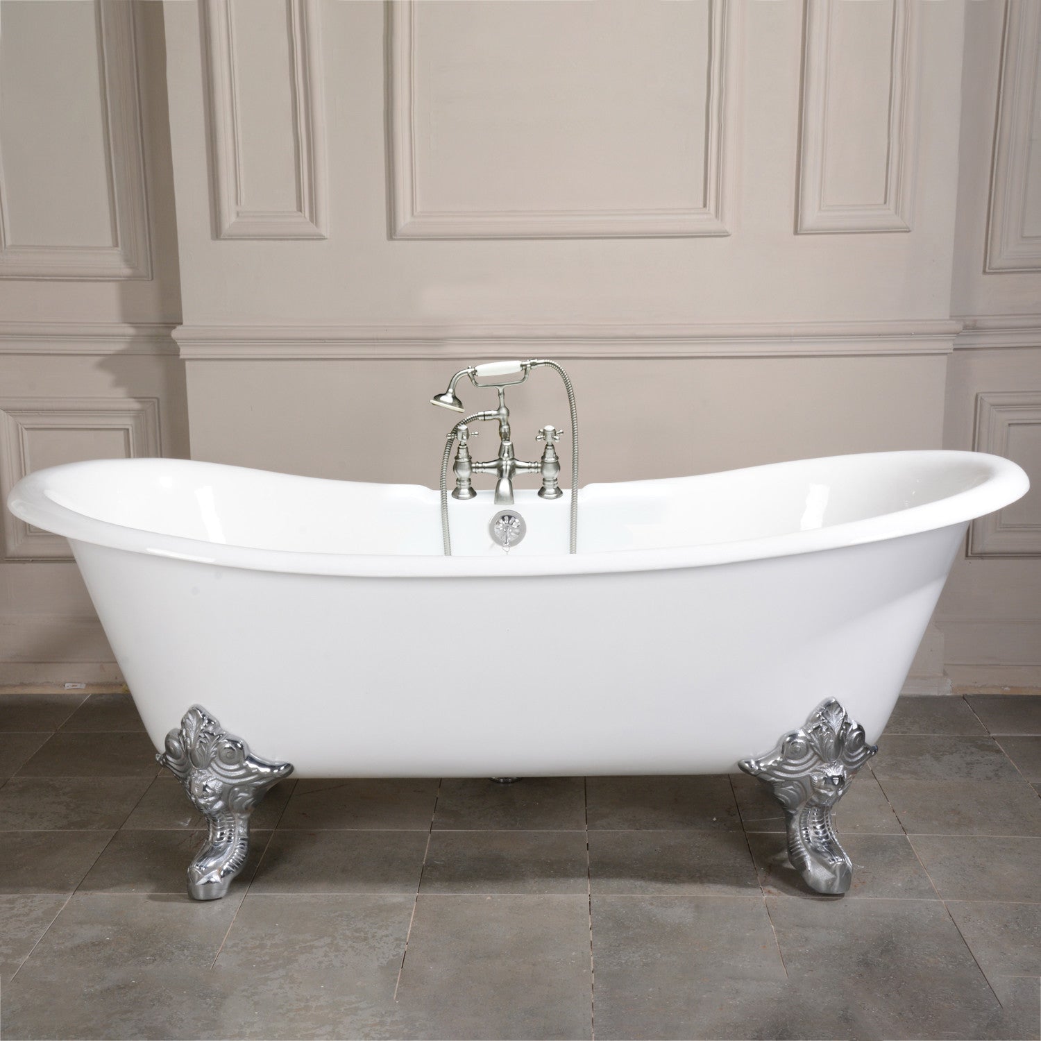 Aqua Eden 67 Inch White Cast Iron Oval Double Slipper Clawfoot Bathtub with Polished Chrome Faucet Drillings - Vintage Freestanding Soaking Tub for Luxury Bathroom & Spa Retreat