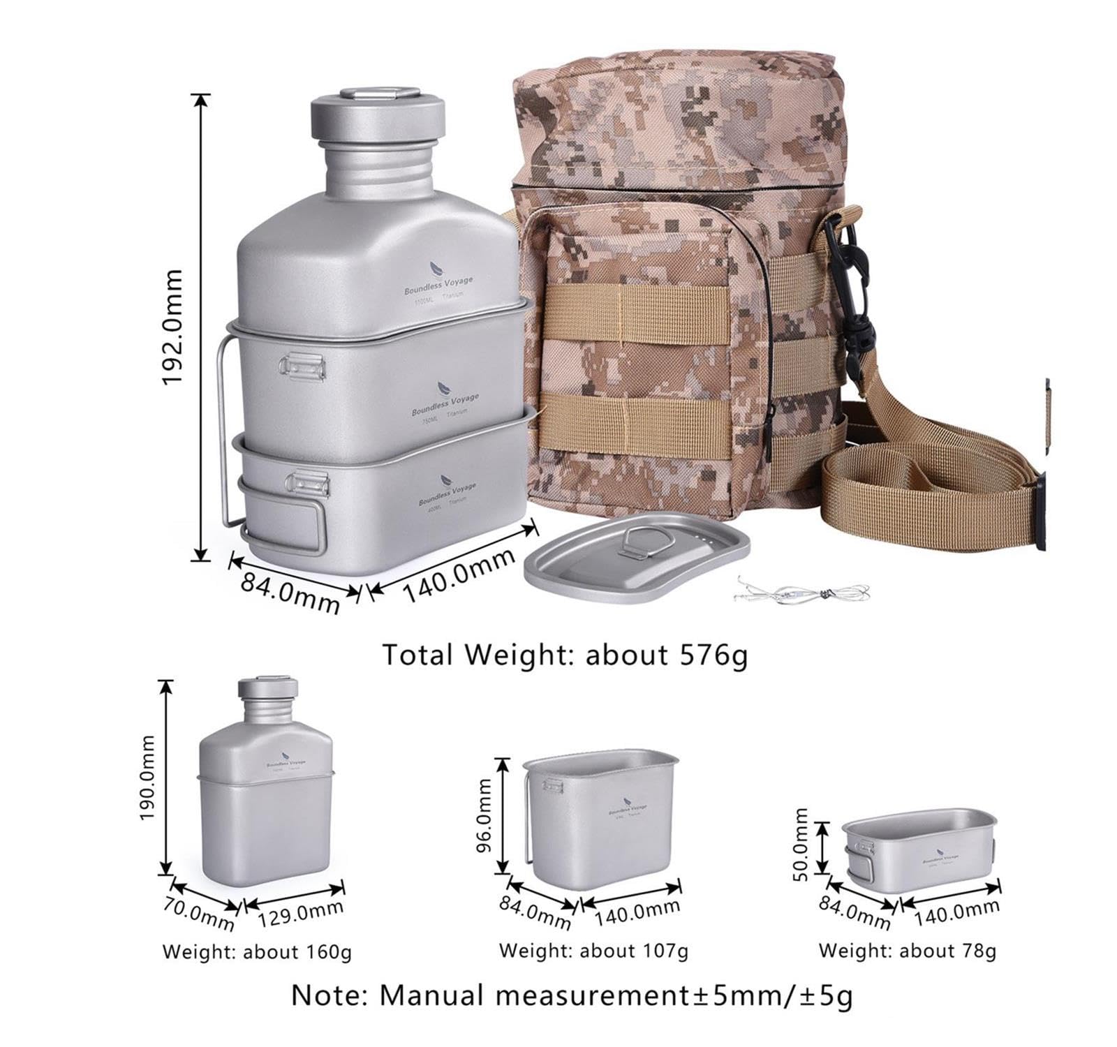 Boundless Voyage Titanium Camping Cookware Set - Lightweight Canteen Mess Kit with Lid, Hanging Chain & Camouflage Bag - Large Capacity Kidney-Shaped Pot & Pan for Outdoor Cooking, Hiking, Backpacking & Survival Adventures