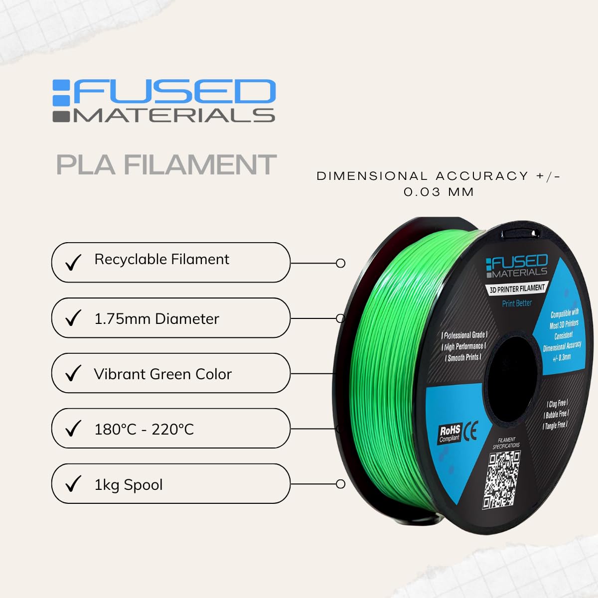 Premium Green PLA 3D Printing Filament - 1kg Spool (2.2lbs), 1.75mm Diameter, High Precision +/- 0.03mm for Smooth 3D Printing - Perfect for DIY Projects, Home Decor, Prototyping and Educational Models