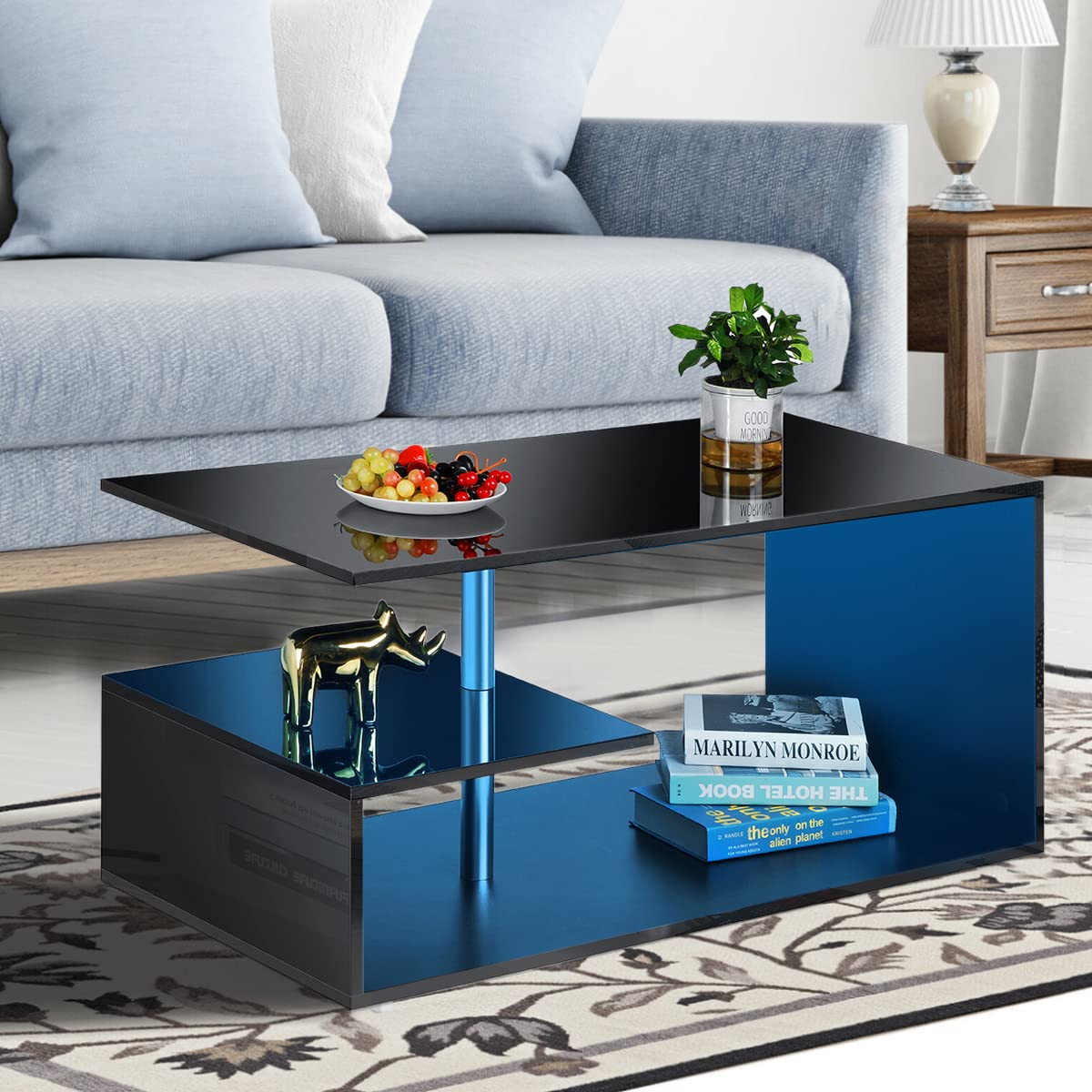 Modern Black LED Coffee Table with 3-Tier S-Shaped Open Storage Shelf - High Gloss Center Sofa Table with Adjustable Lighting - Perfect for Living Room, Home Office & Small Spaces (18