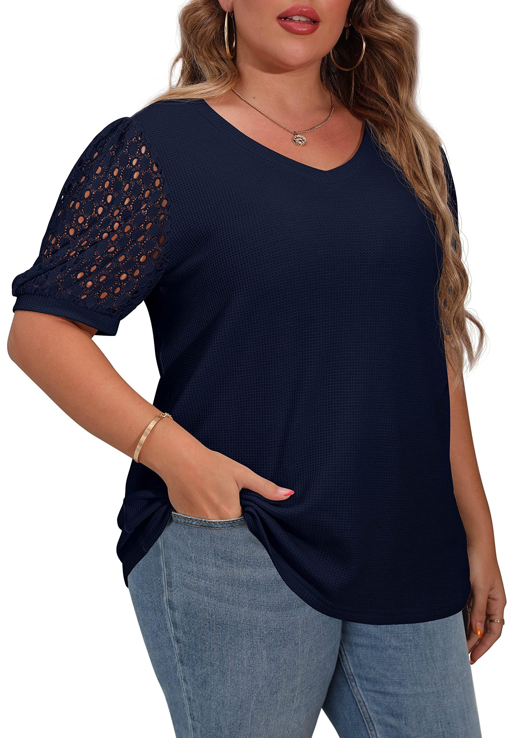 OLRIK Plus Size Tops for Women - Summer Waffle Knit Blouse with Short Lace Sleeves | Casual Office Wear & Date Night Outfits