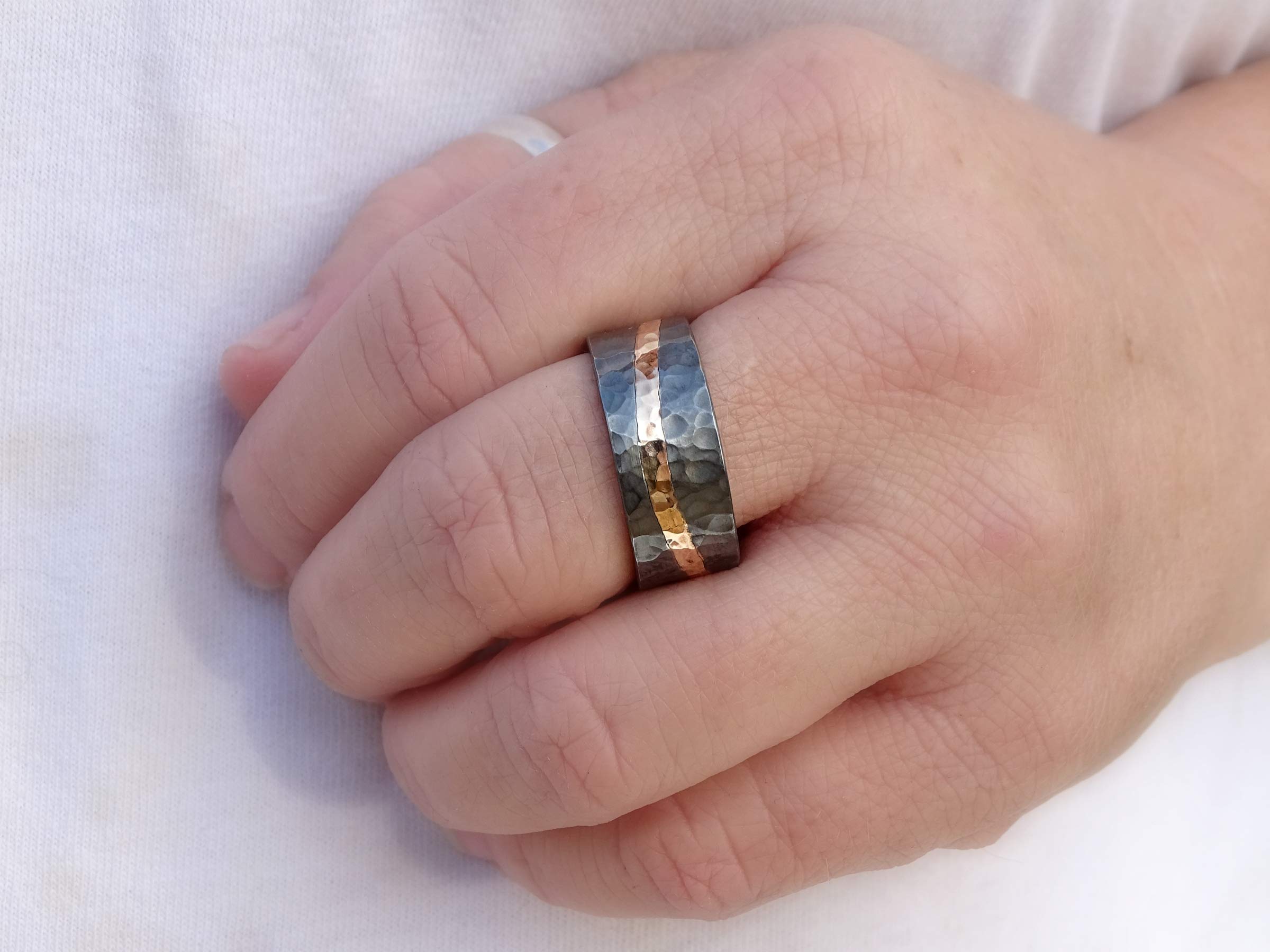 Forged Men's Viking Ring - Black Gold Wedding Band, Rustic Gold Wave Inlay, Perfect for Beach Weddings, Engagements, and Everyday Wear