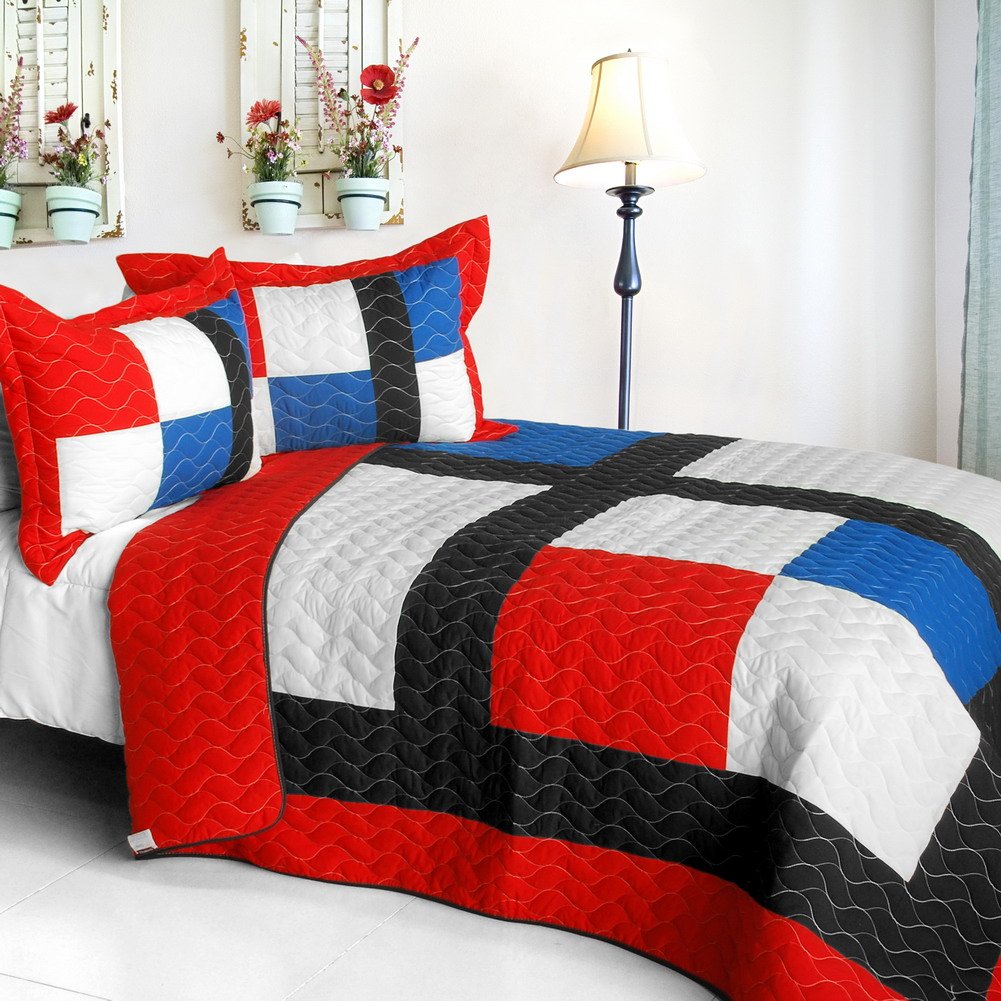 Be Myself Vermicelli-Quilted Patchwork Geometric Quilt Set Full/Queen Size - Soft Bedding for Cozy Bedroom Decor & Guest Room Essentials