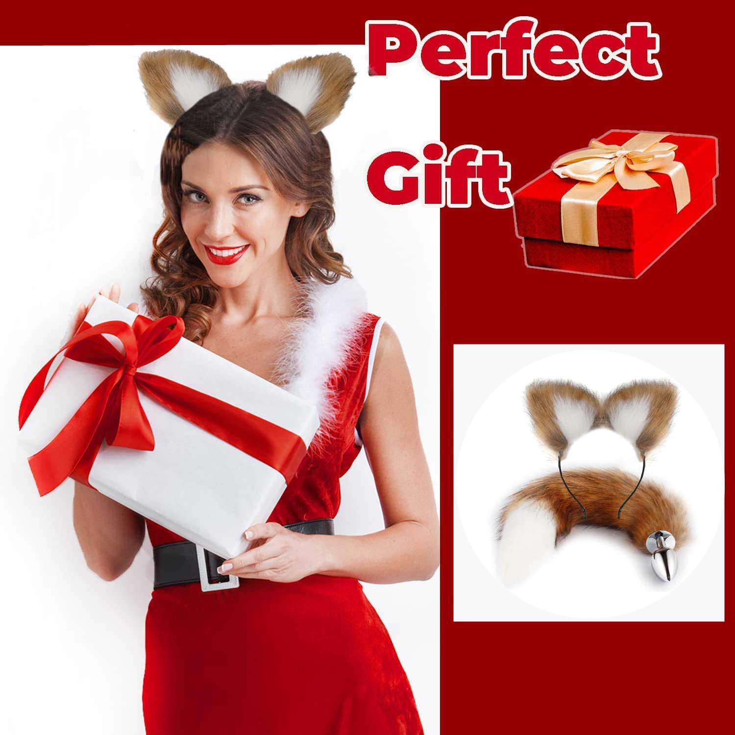 Fox Tail Anal Plug Set - 2PCS Silicone Butt Plugs with Cat Ears Headband for Women & Men | Beginner Friendly Adult Toys for Couples Bondage & Role Play (Brown/White) | Perfect for BDSM, Cosplay & Sensual Play