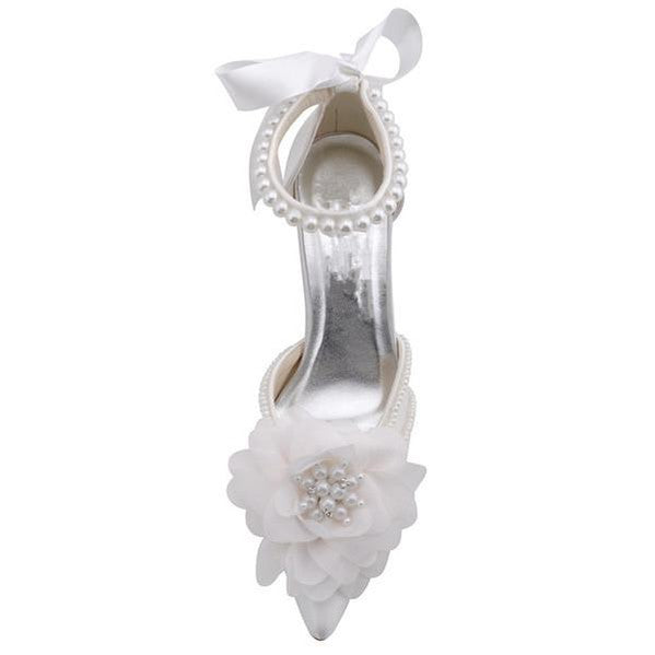 Elegant Pearl Embellished Women's Wedding Shoes with Ribbon Lace-Up - Pointed Toe Bridal Party Heels for Bride, Prom, Evening Gala & Special Occasions