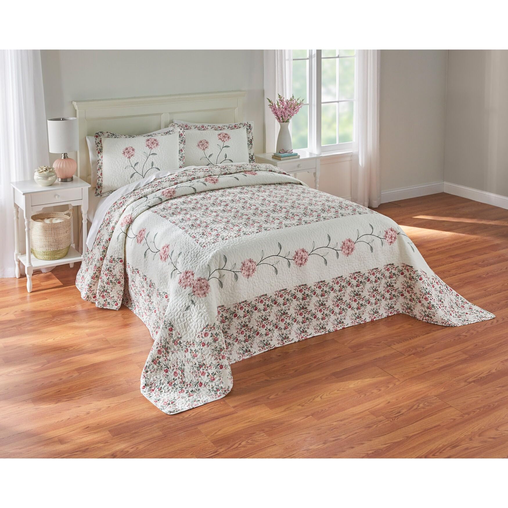 BrylaneHome Margaret Embroidered Queen Size Bedspread - Floral Rose Design for Bedroom Decor | Elegant Bed Cover for Master Bedroom or Guest Room