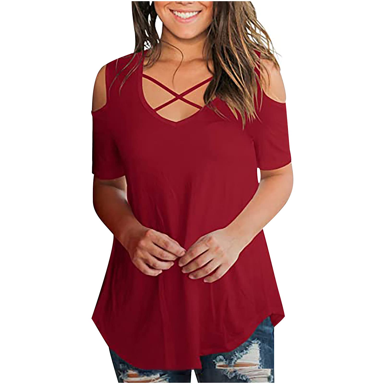 Women's 5665 Cold Shoulder Tops - Off Shoulder V-Neck Short Sleeve Casual Criss Cross T-Shirts | Summer Beachwear, Party Outfits & Everyday Fashion