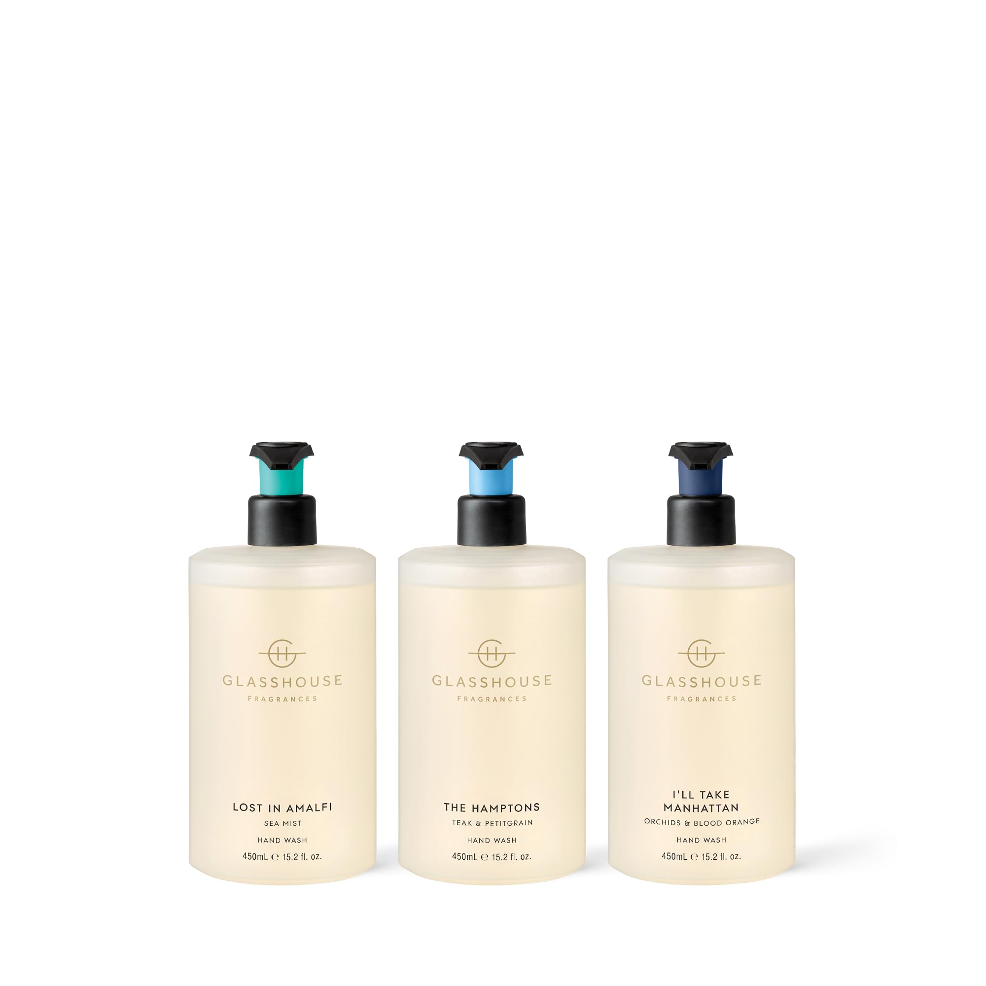Glasshouse Fragrances Luxury Hand Wash 3-Pack - The Hamptons, I'll Take Manhattan, Lost in Amalfi Scents | Aloe Vera & Vitamin E Enriched | Soothing Moisturizing Formula | 15.2 Fl Oz (450mL) Each | Perfect for Bathroom, Kitchen & Guest Washrooms