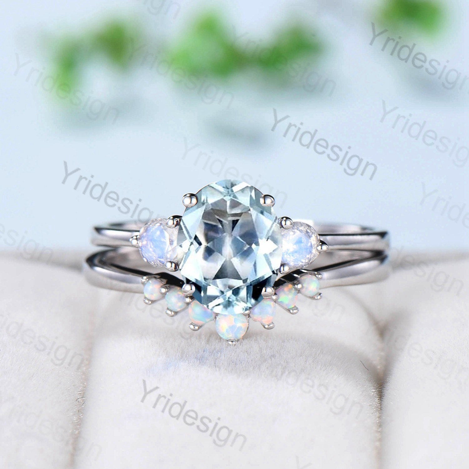 1.5CT Oval Aquamarine Engagement Ring Set - 14K Gold 3 Stone Moonstone Wedding Ring for Women, Art Deco Style Opal Stacking Band, Perfect Anniversary Gift for Her - Ideal for Proposals, Weddings & Special Occasions