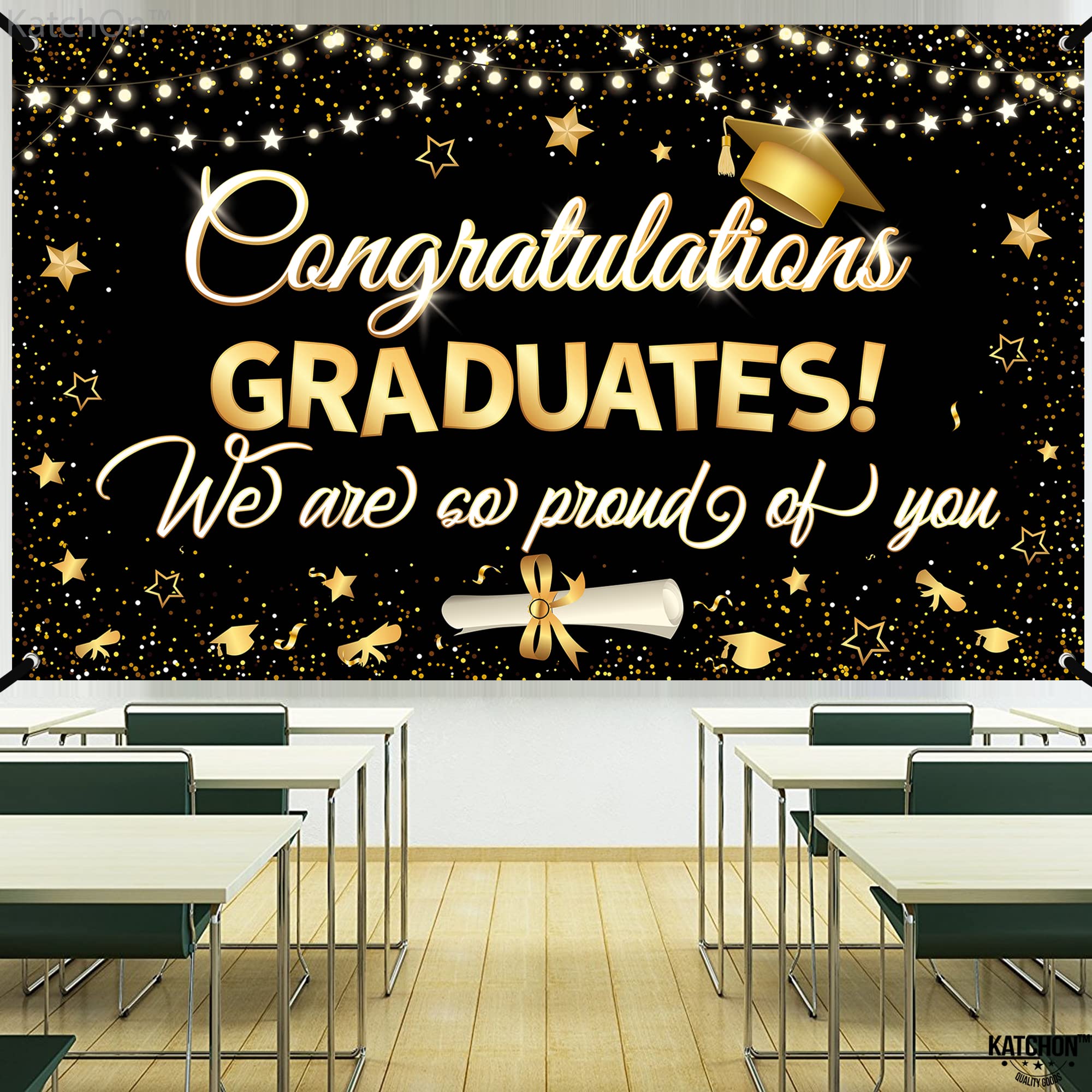 KatchOn 2025 Graduation Banner - 72x44 Inch Large Black & Gold Backdrop for Graduation Party Decor | Class of 2025 Congratulations Sign | Perfect for Graduation Ceremony, Photo Booth & Home Decor