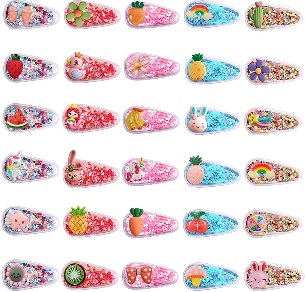 ANNACREATIONS 20-Pack Multicolor Sequins Snap Hair Clips - Transparent Fruit & Cartoon Animal Glitter Hair Accessories for Girls | Perfect for School, Parties & Everyday Styling