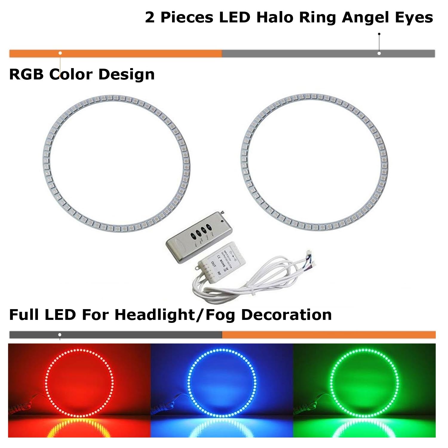 iJDMTOY 132-LED RGB Multi-Color Angel Eyes Halo Rings for 2005-2009 Ford Mustang | Adjustable Front Road Lighting | Daytime Running & Night Driving Lights | Custom Car Aesthetics & Enhanced Visibility