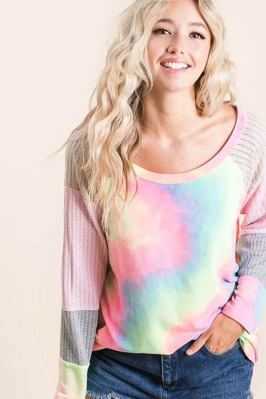 Pastel Tie Dye Bibi Terry Top with Color Block Pointelle Knit - Soft & Stylish Women's Casual Shirt for Summer Outings & Beach Vacations
