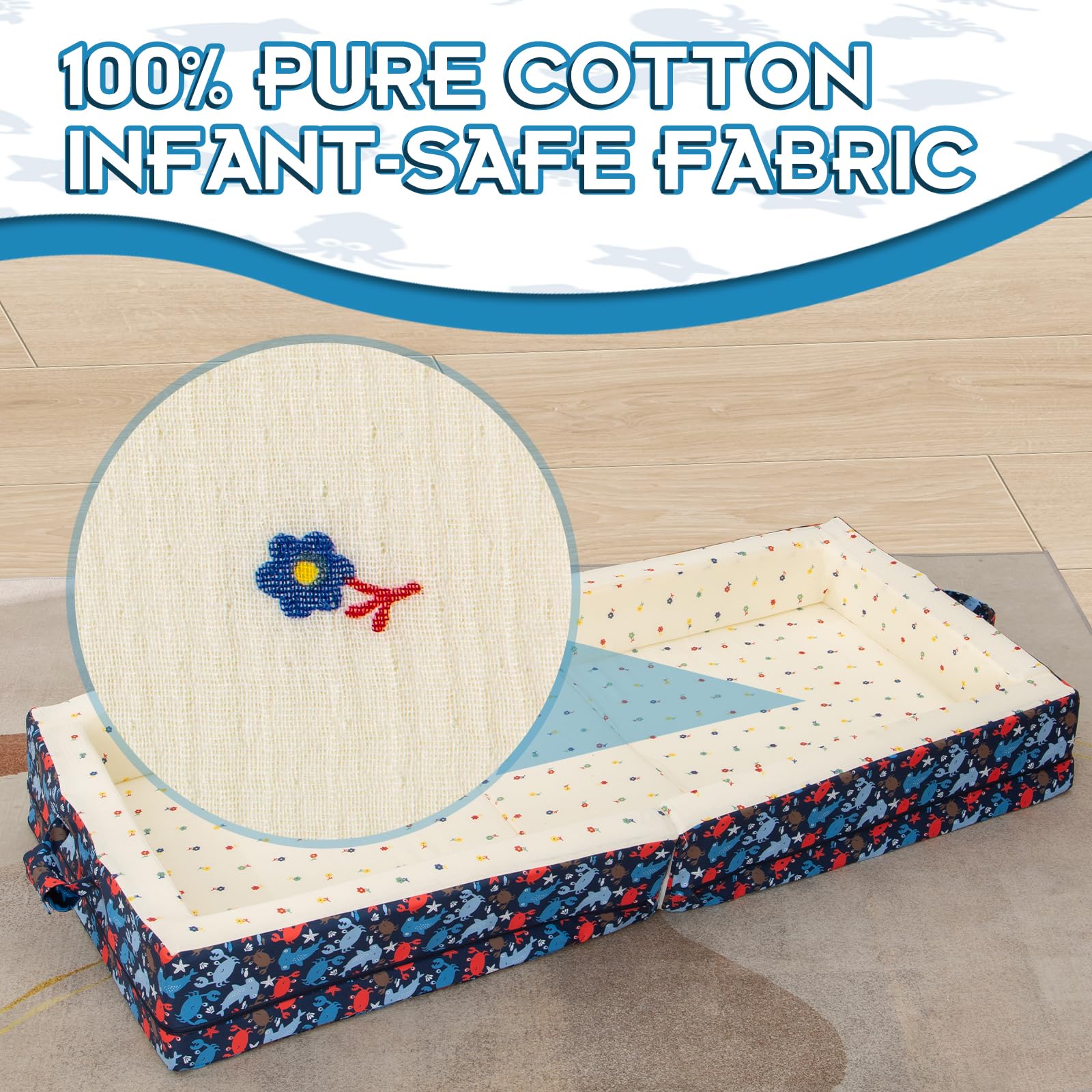 100% Cotton Portable Foldable Toddler Travel Bed - Soft Foam Floor Mattress with Washable Cover | Safe & Comfortable Baby Crib for Home, Daycare & Travel | Ocean Blue