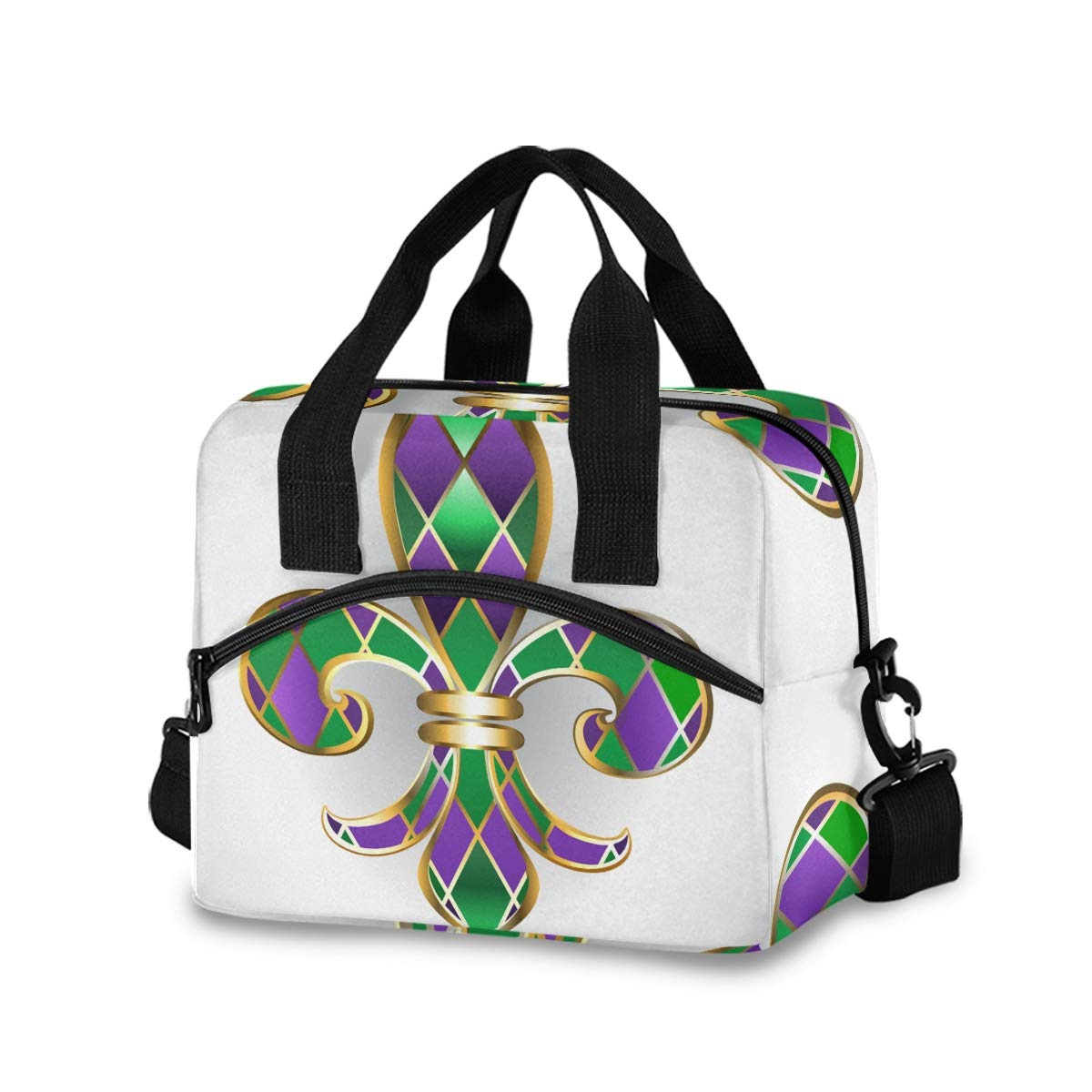 OREZI Insulated Lunch Bag for Women & Girls - Gold Mardi Gras Lily Design with Detachable Shoulder Strap | Leakproof Lunch Box Container for School, Office, Picnics & Outdoor Activities