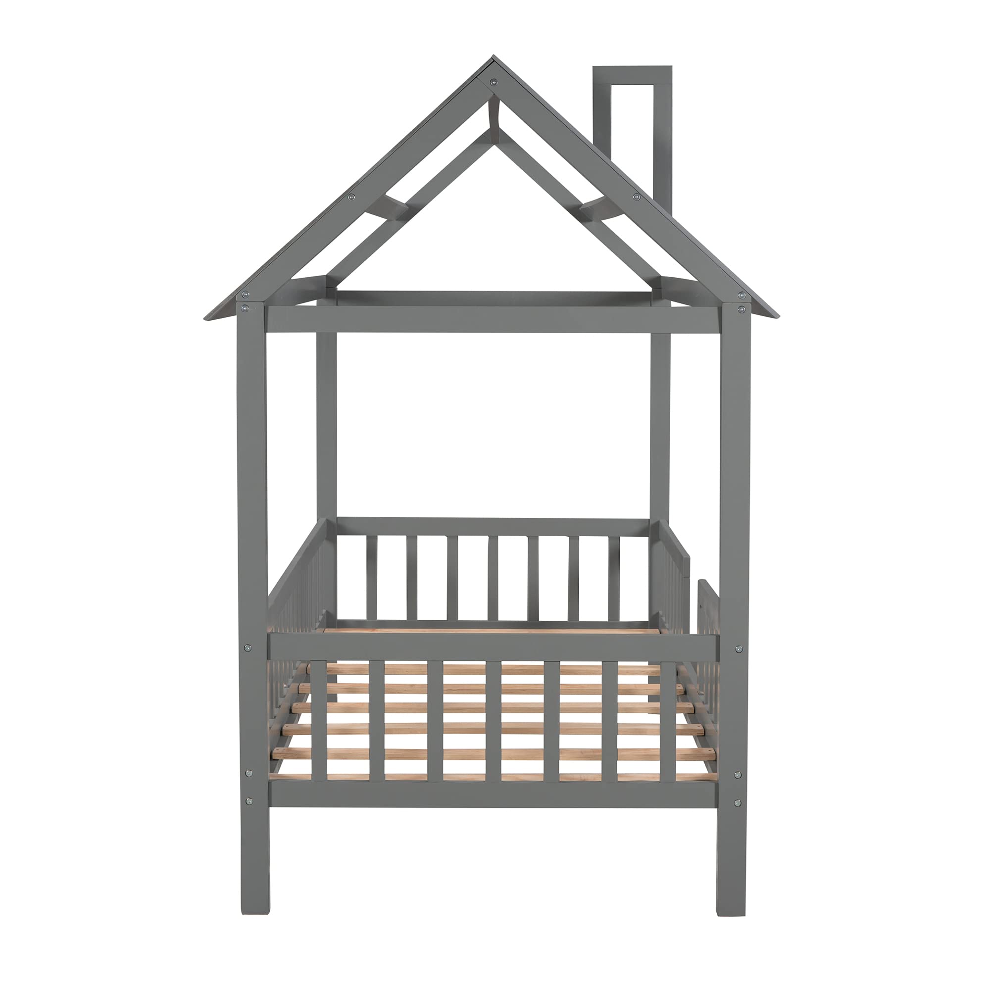 MERITLINE Twin Size Wooden House Bed for Kids with Roof & Fence - Gray Platform Bed for Boys & Girls - Perfect for Bedrooms, Playrooms & Montessori Spaces