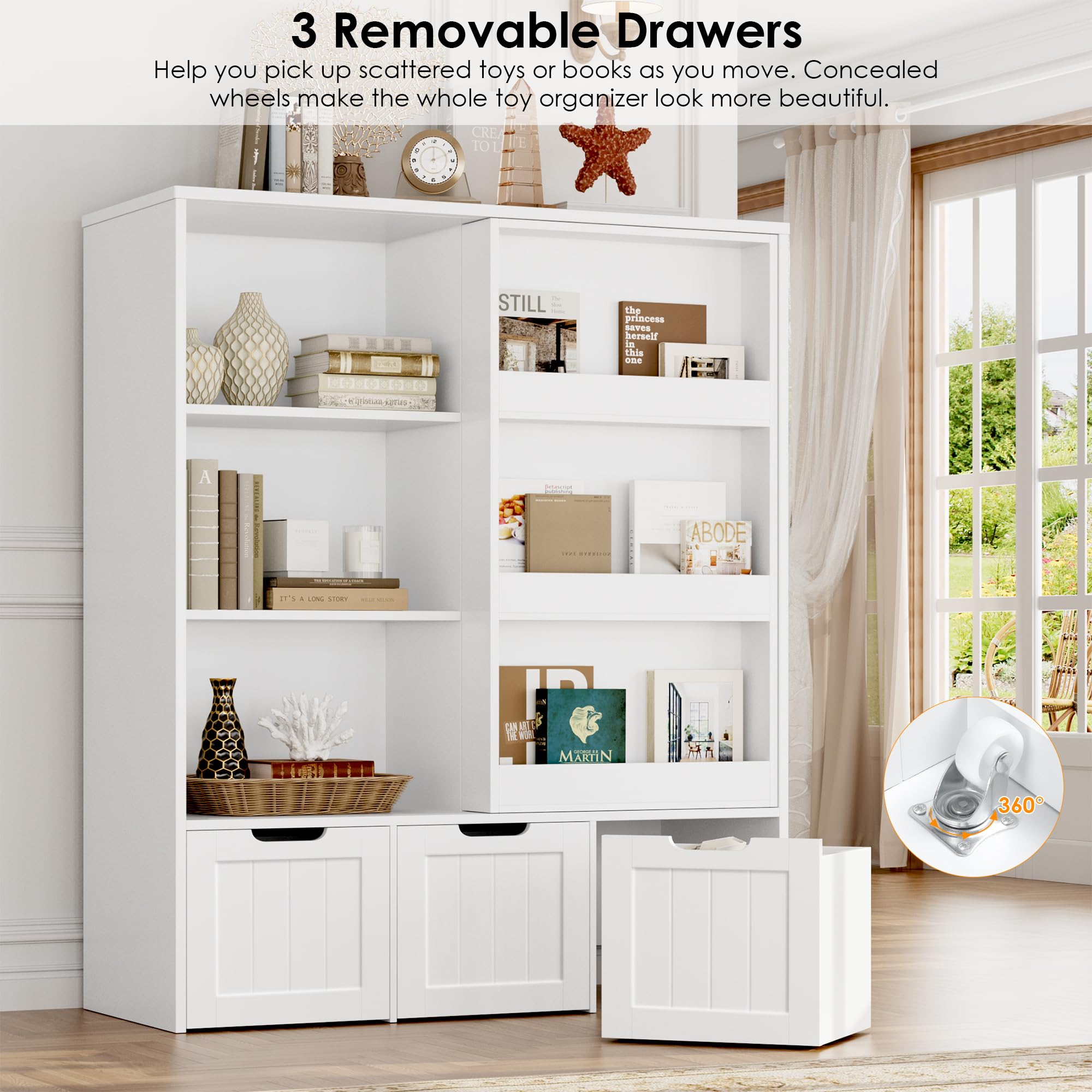 FOTOSOK Kids Toy Storage Organizer with Sliding Bookshelf - 3 Movable Drawers & 6 Storage Cubbies for Playroom, Bedroom Organization - Perfect for Storing Toys, Books, and Kids' Accessories