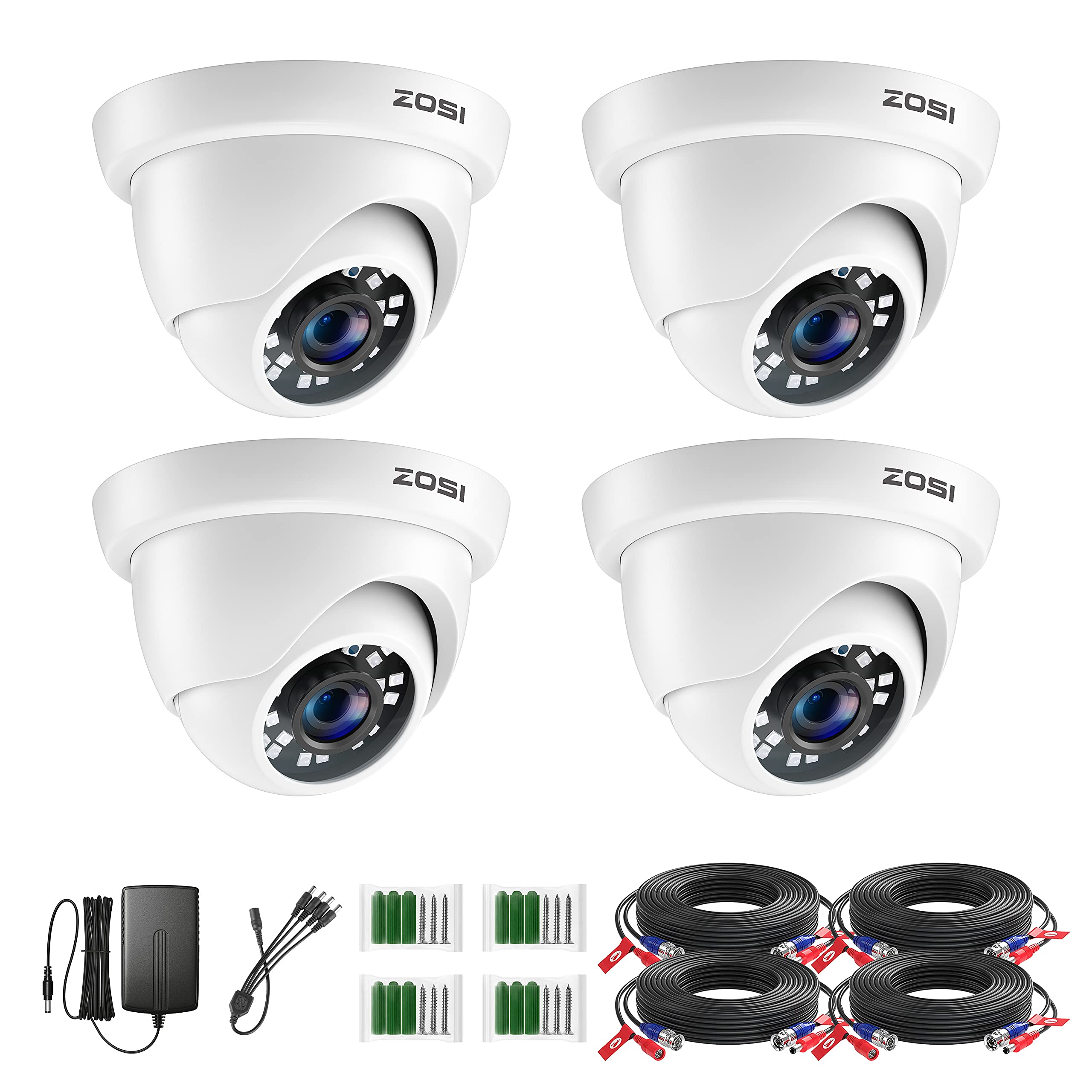 ZOSI 4 Pack 1080P HD Dome Security Cameras with 65ft Night Vision & 24 IR LEDs - Compatible with TVI/Analog DVR Systems - Weatherproof for Indoor/Outdoor Use - Ideal for Home, Office, and Business Surveillance