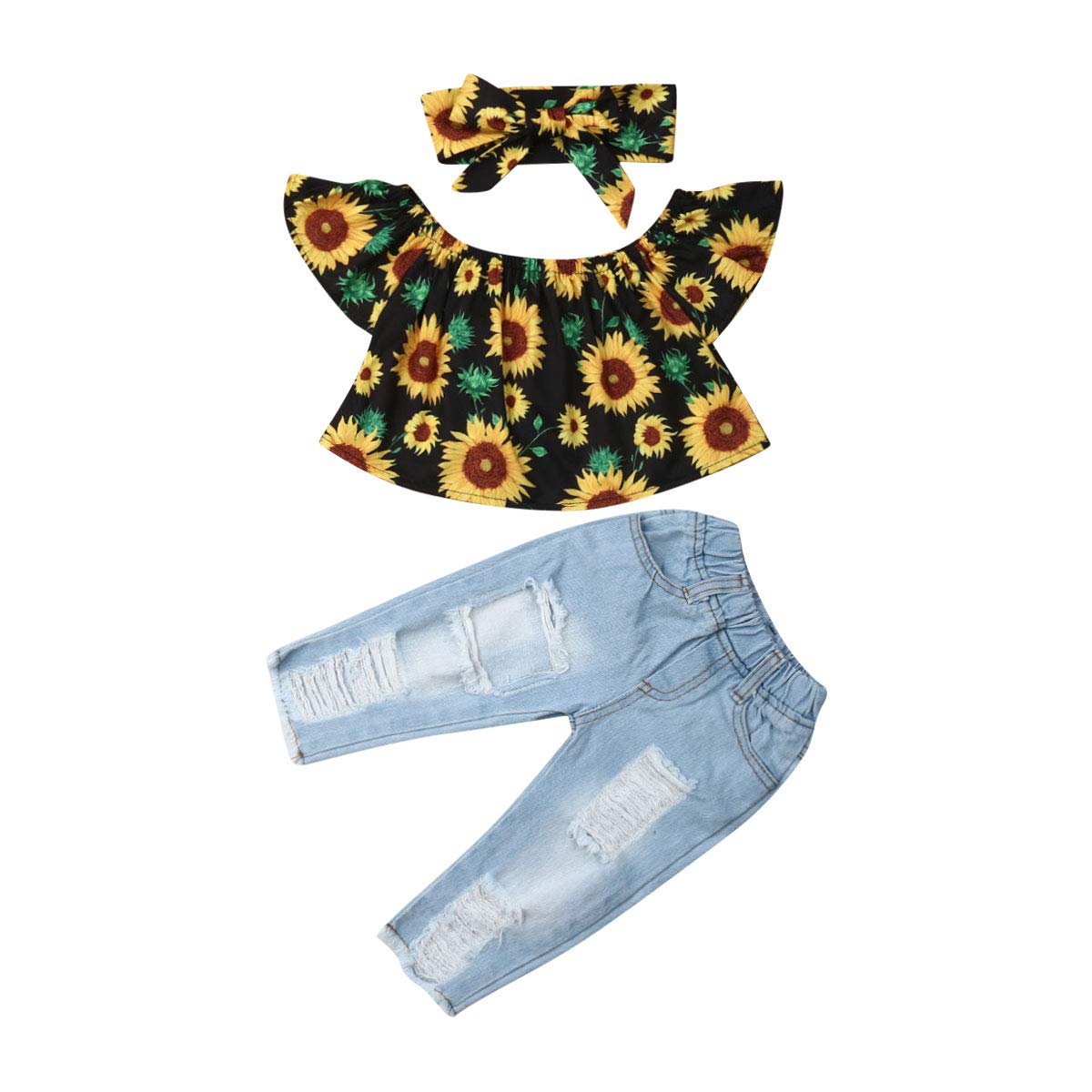 Toddler Girls' Sunflower Print Top & Light Wash Ripped Jeans Outfit with Floral Headband - Cute Playdate & Photo Shoot Outfit