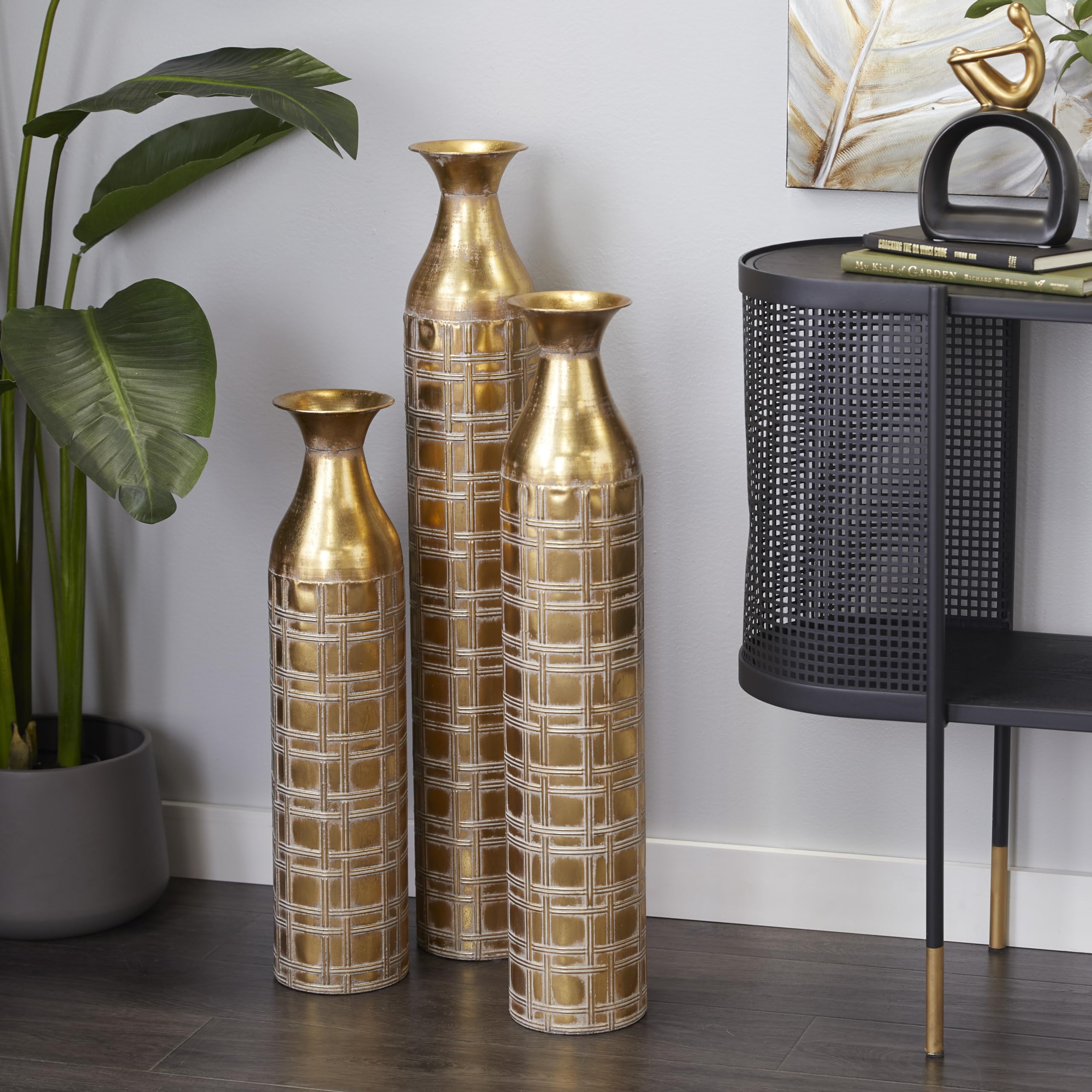 **Deco 79 Tall Metal Decorative Vase Set of 3 - Distressed Gold Etched Grid Patterns, 35