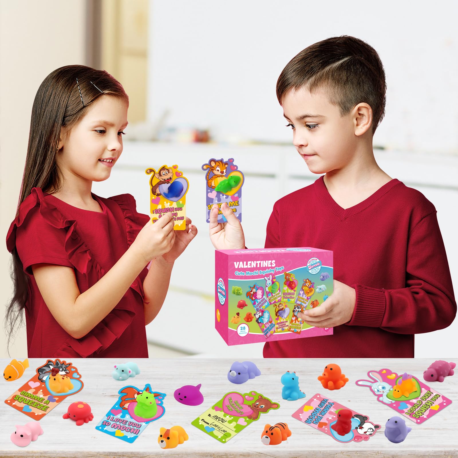 28 Pack Kids Valentine Gifts - Mochi Squishies with Cards for Party Favors, Stress Relief & Classroom Prizes