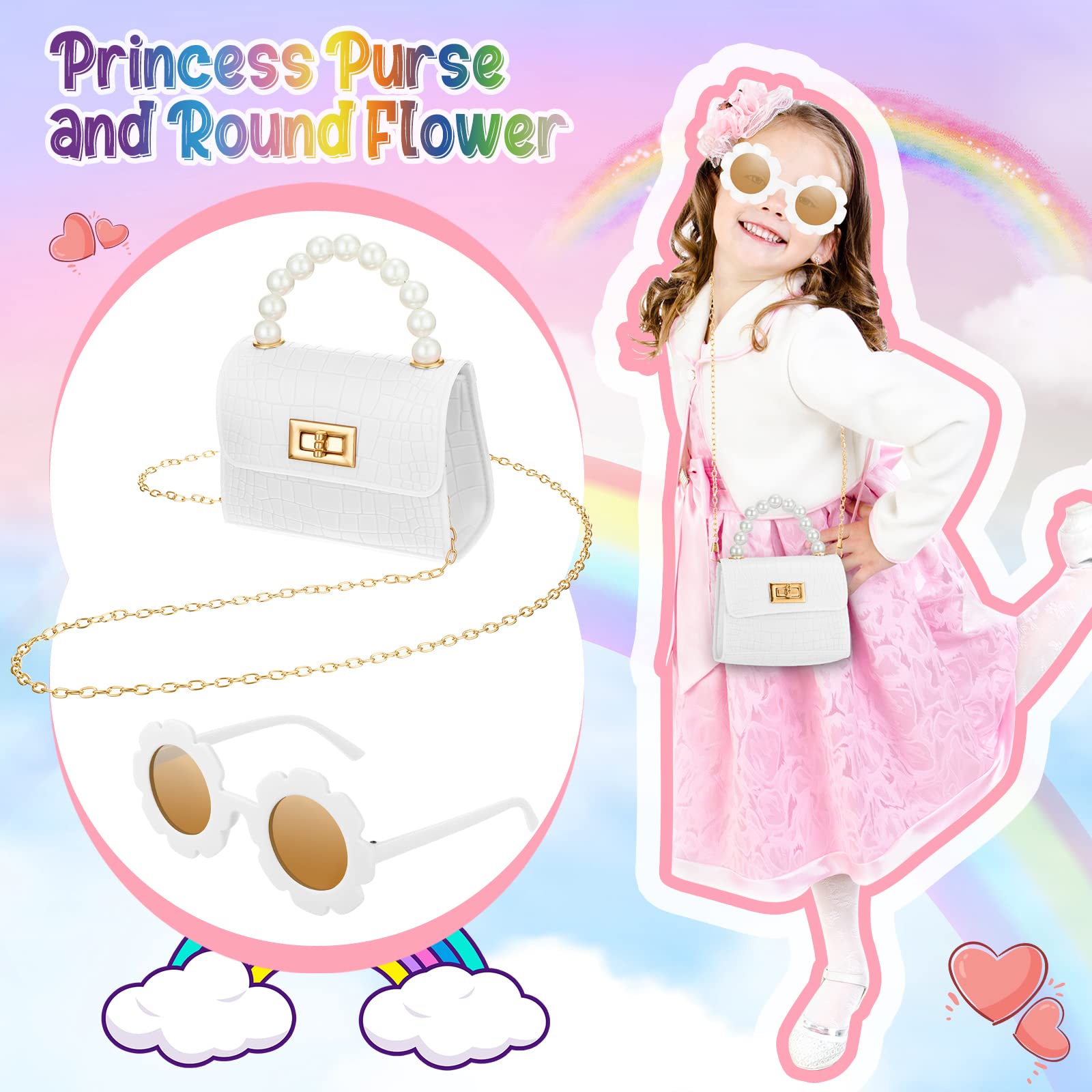 Cunno Kids Toddler Purse for Girls - Cute Mini Crossbody Bag with Flower Sunglasses | Princess Flap Handbag for Little Girls | Perfect for Dress-Up, Birthday Gifts & Pretend Play