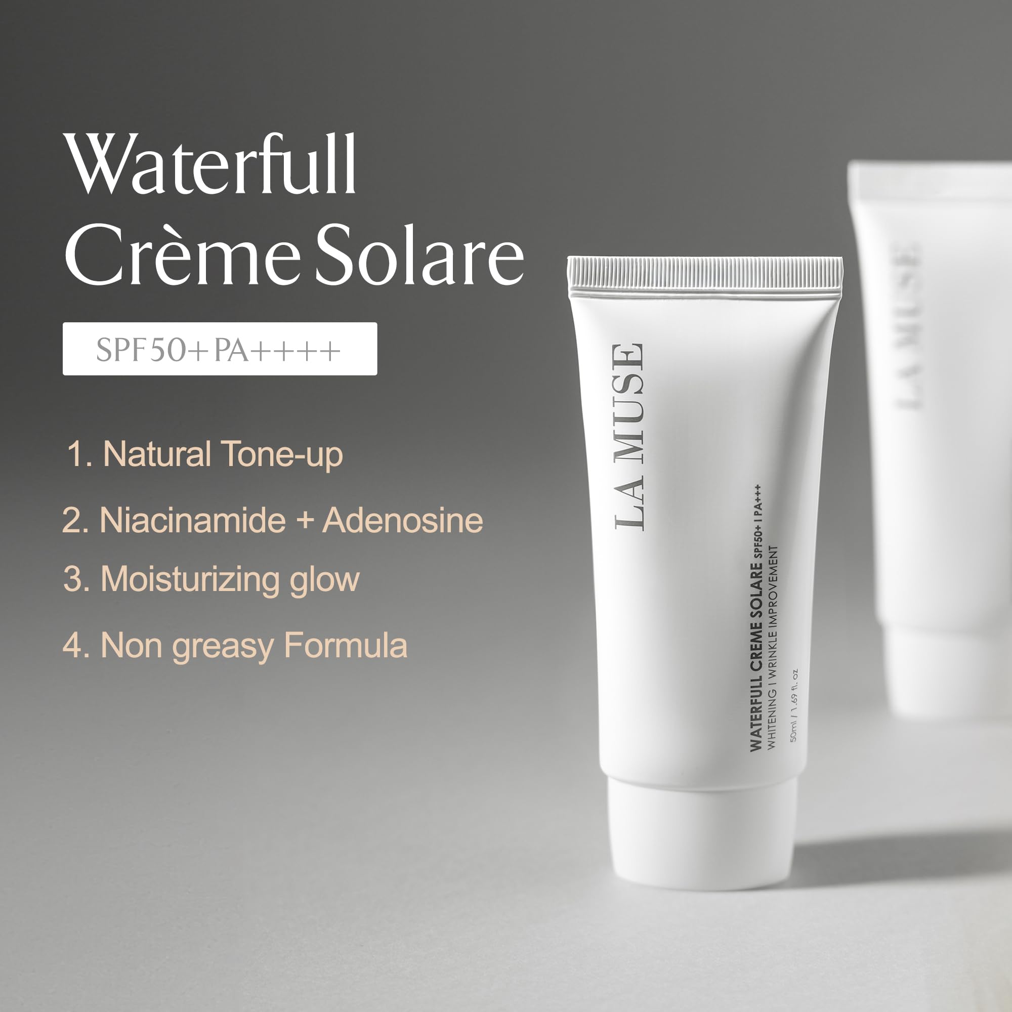 LA MUSE Waterfull Crème Solare SPF 30 - 1.69 fl oz Natural Tone-Up Sunscreen | Hydrating Glow Moisturizer for All Skin Tones | Non-Greasy, Dewy Finish | Daily UV Protection & Skin Brightening | Perfect for Beach Days & Summer Outdoor Activities