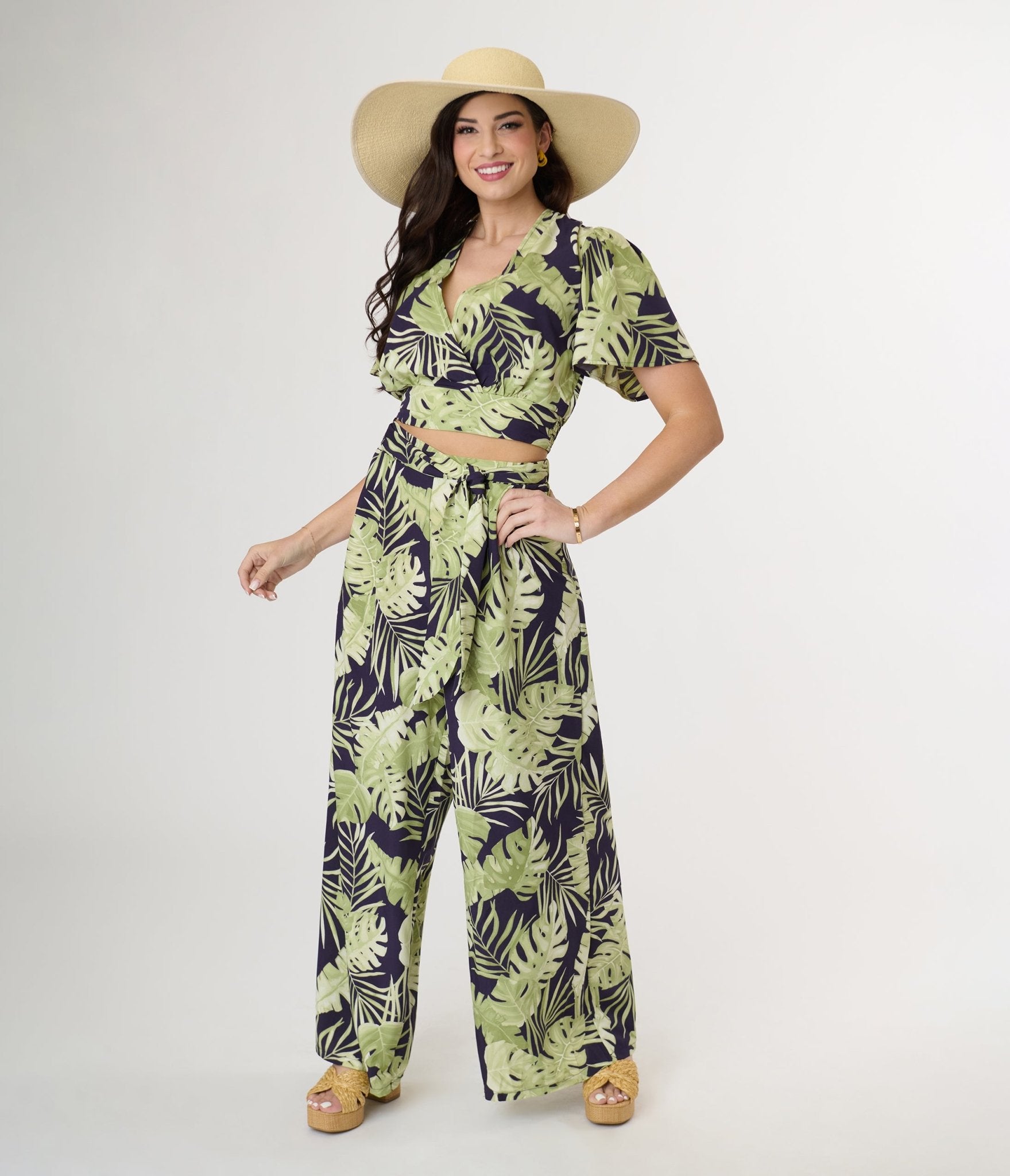 Navy & Green Tropical Print Belted Wide Leg Pants for Women - Comfortable High Waisted Palazzo Pants for Summer Vacation, Beach Outfits, and Casual Wear