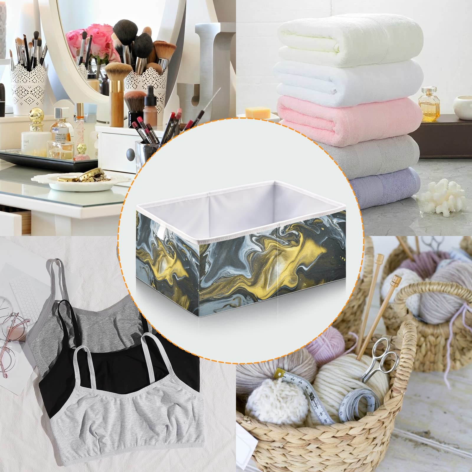 Modern Black Gold Marble Texture Acrylic Painting Square Storage Basket - Foldable Collapsible Organizer Bin for Toys, Clothes, Nursery | Easy Assembly Home Decor & Organization Solution