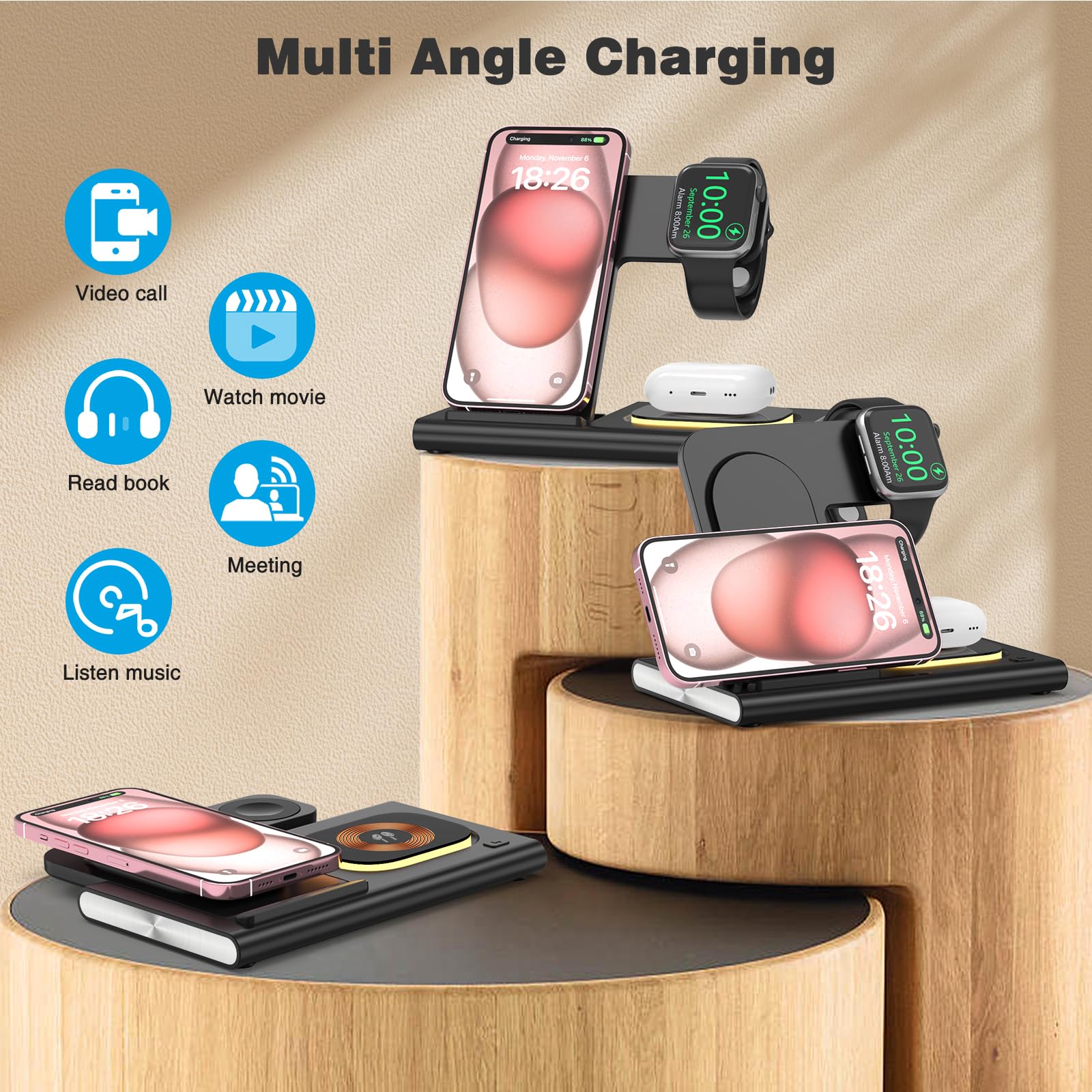 25W 3-in-1 Fast Wireless Charging Station for iPhone 15 Pro Max/14/13/12/11, Apple Watch Ultra 9/8/7/6/5/4/3/SE & AirPods Pro 3/2 - Includes 3ft USB-C Cable - Compatible with Samsung Galaxy Phones - Perfect for Home, Office and Nightstand Charging